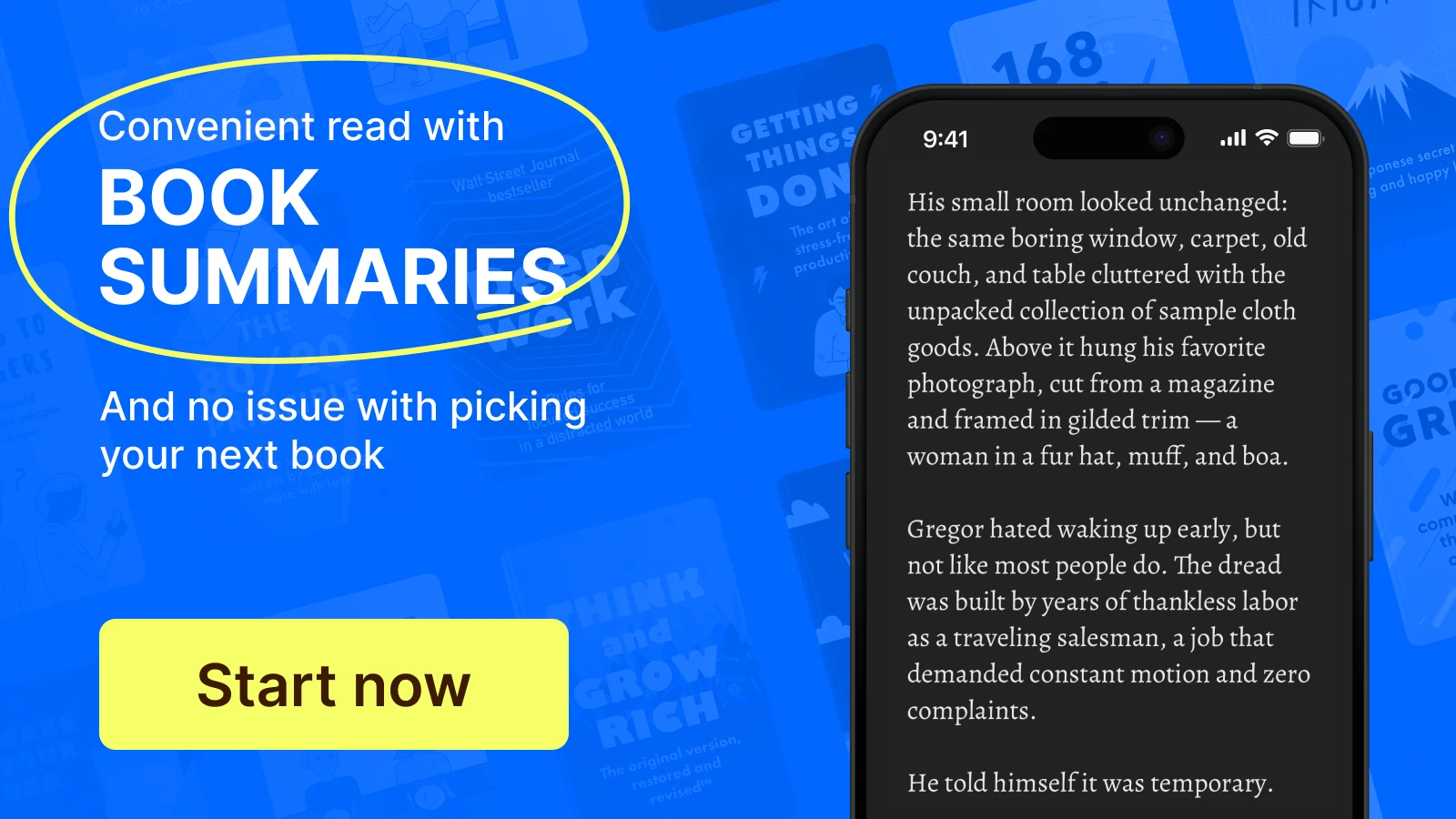 An iphone mockup with the text of book summary and book covers at the background