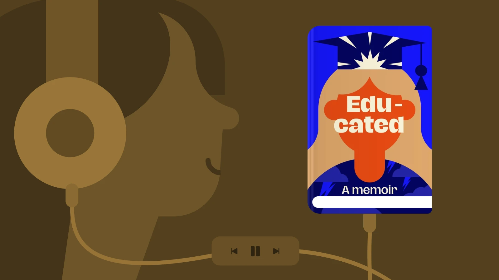 Educated memoir audiobook on stand with tan headphone silhouette on earthy brown background, Audible favorite