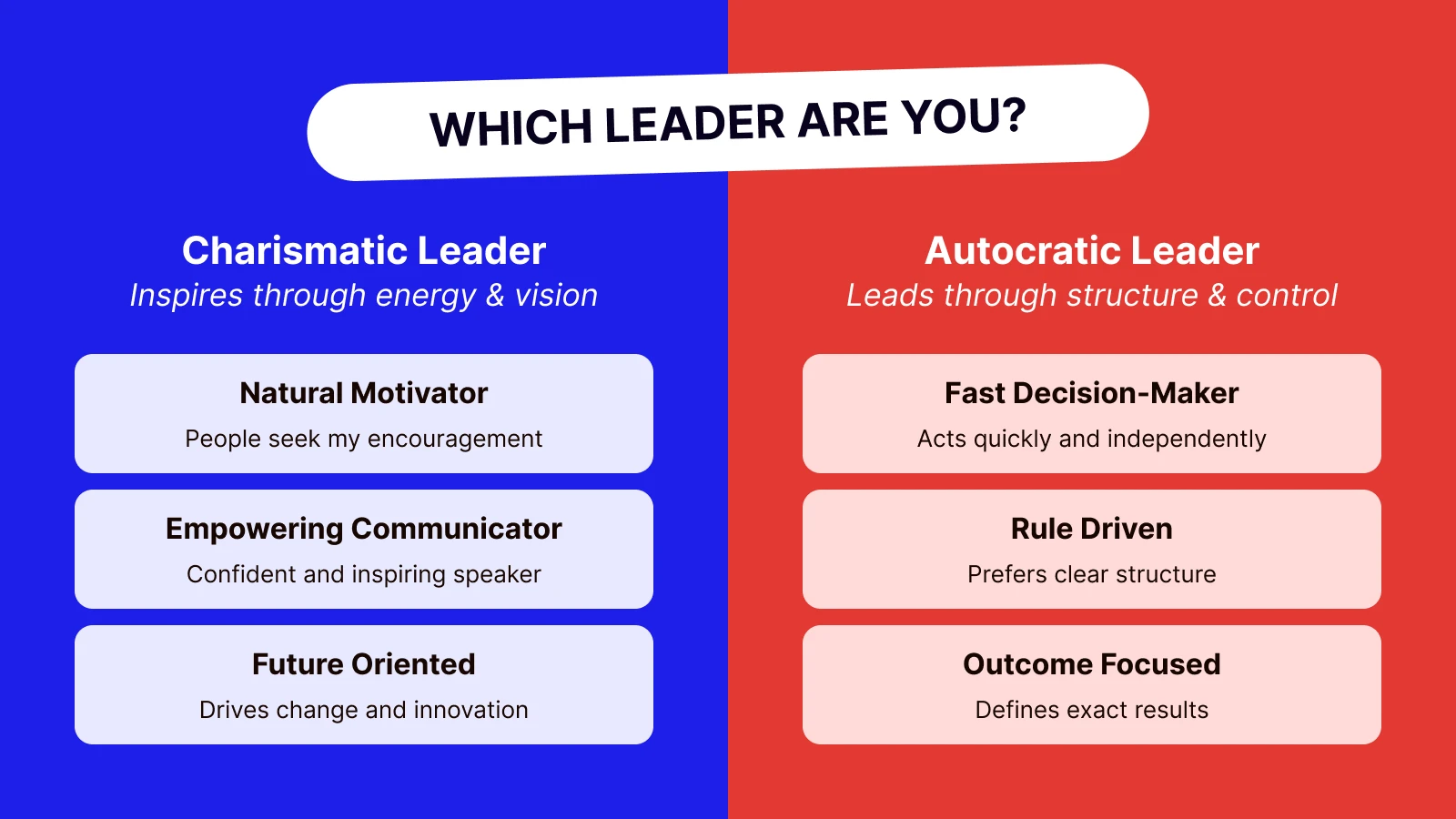Charismatic leader vs autocratic leader comparison chart on split blue and red background showing different types of leadership traits