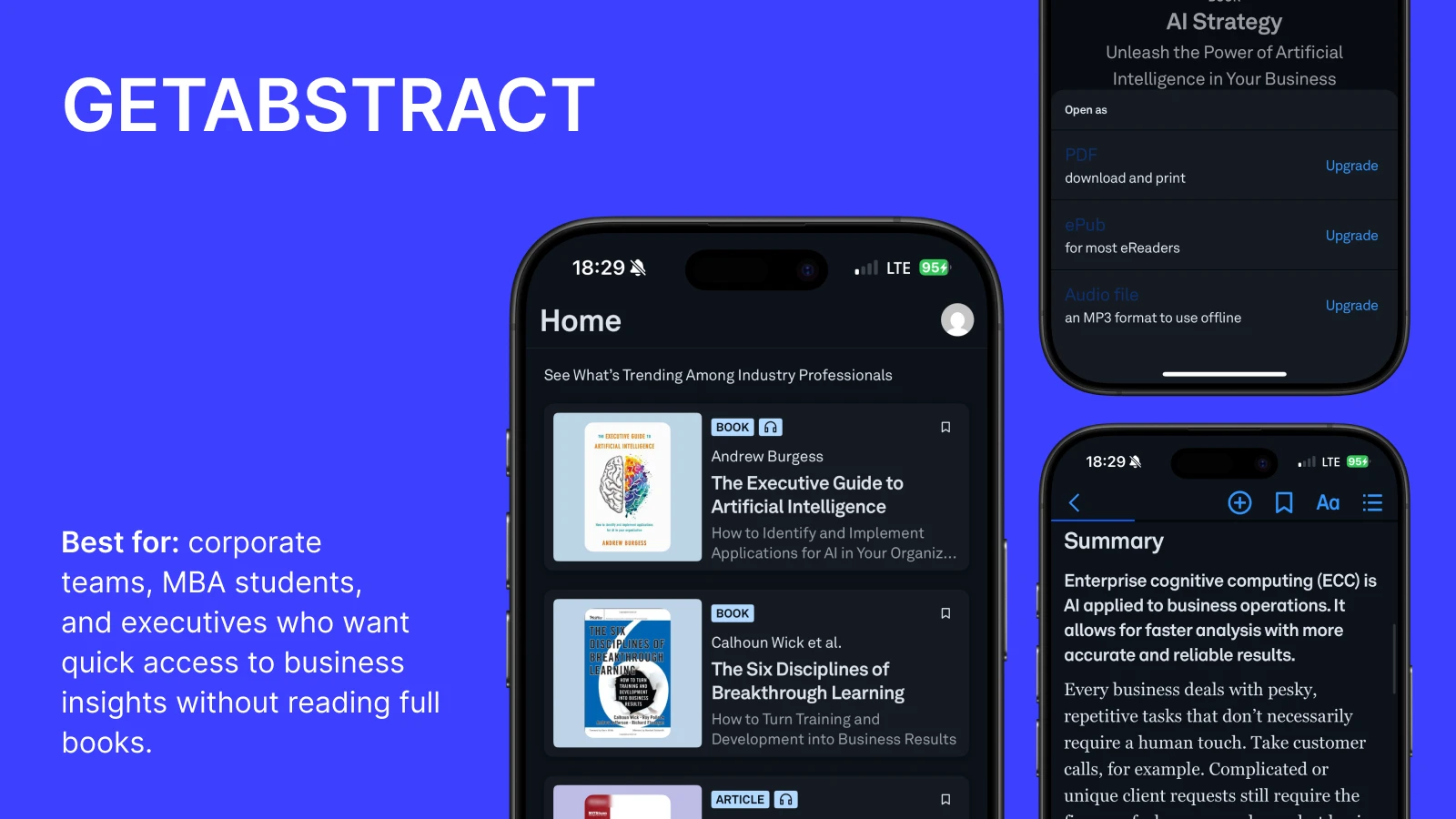 GetAbstract app interface displaying business book summaries on smartphone screens against blue background for corporate learners