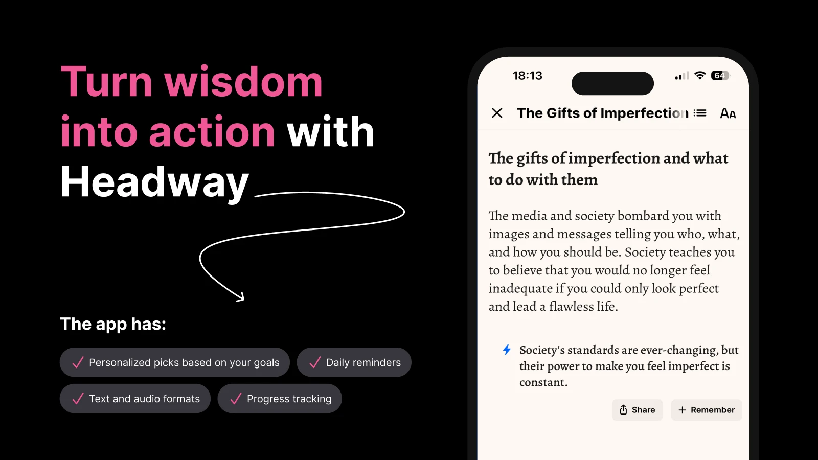 A phone screen displaying a Headway book summary titled "The Gifts of Imperfection," showing the app features such as personalized picks, text and audio formats etc