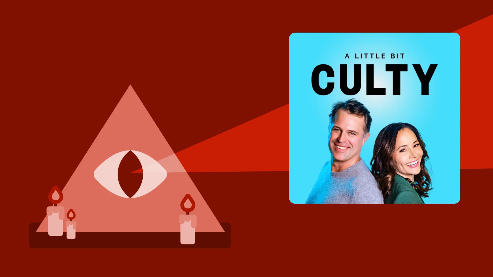 Red background with triangle eye symbol and A Little Bit Culty podcast cover, discussing cult podcasts with survivors and experts