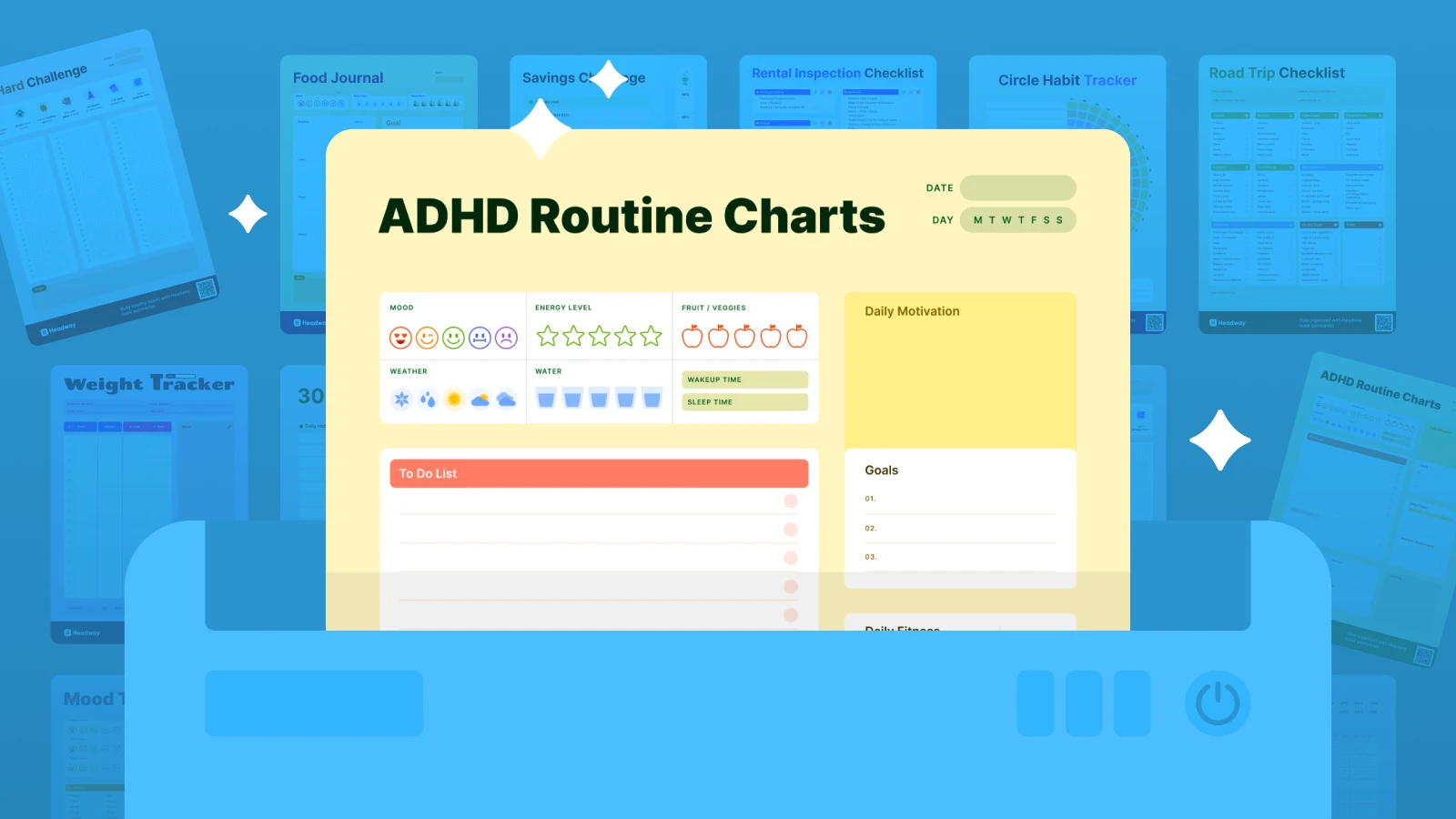 ADHD routine chart with mood, energy, and daily goals tracker displayed on a yellow card, set in a blue folder with background pages of planners and checklists, symbolizing balance promoted in the bes
