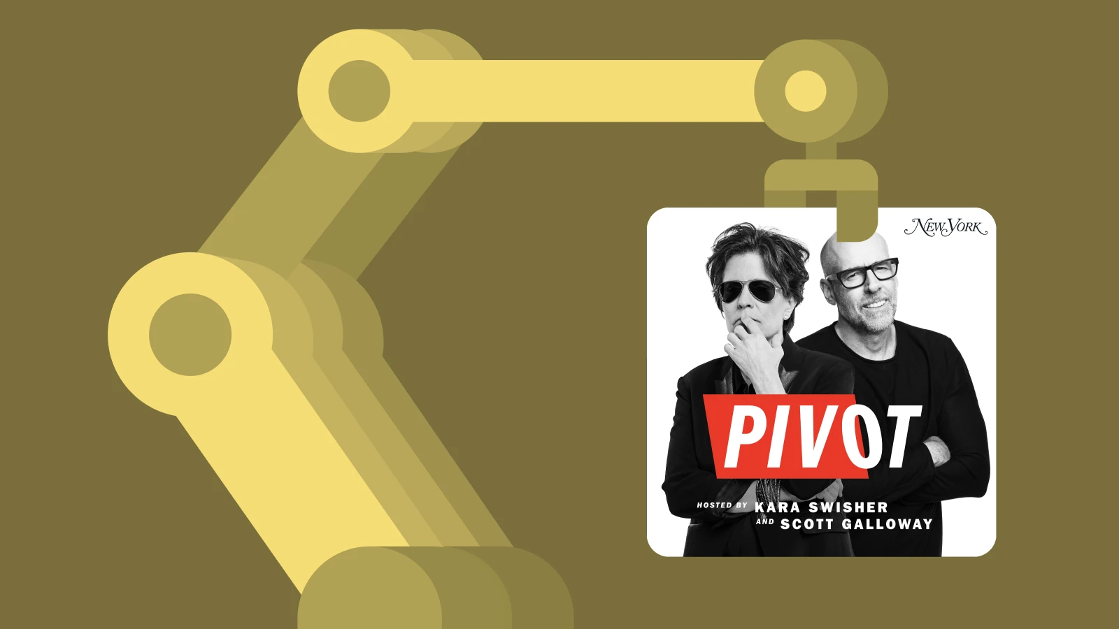Yellow robotic arm displaying the pivot podcast cover, highlighting a popular tech podcast in a modern style