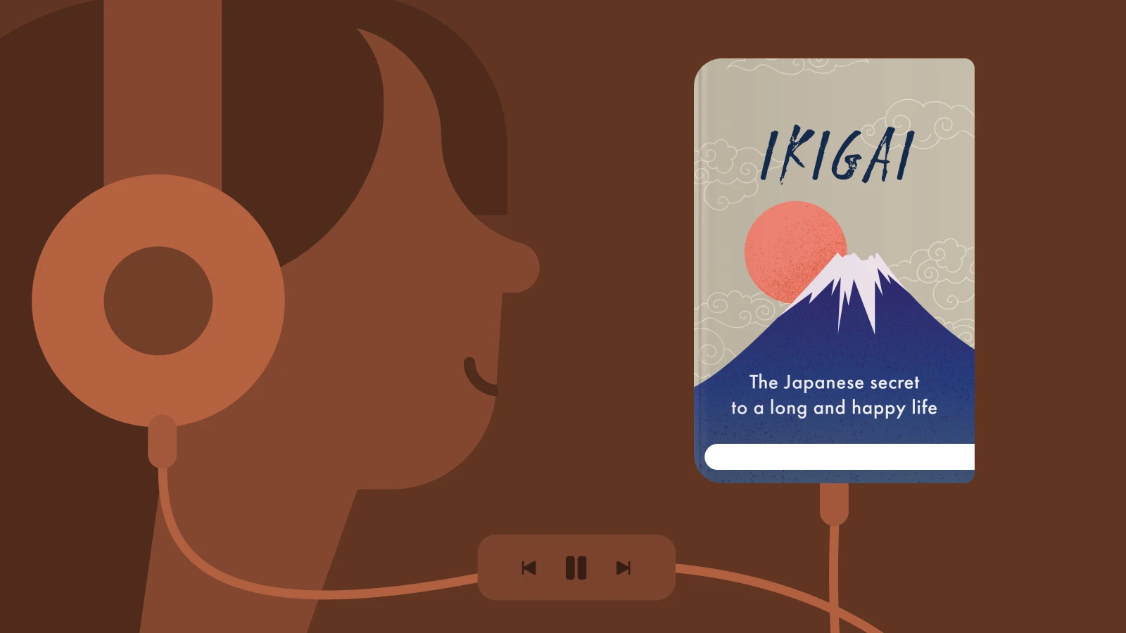 Ikigai bestseller audiobook on wooden stand with large orange headphone icon on warm brown background