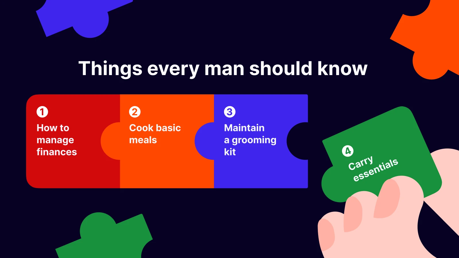 Every single man needs to give this a shot - Hand holding puzzle pieces with male life skills