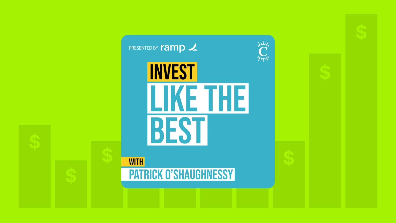 Invest Like the Best with Patrick O’Shaughnessy podcast cover on bright green background with dollar signs, popular investing podcast on stocks