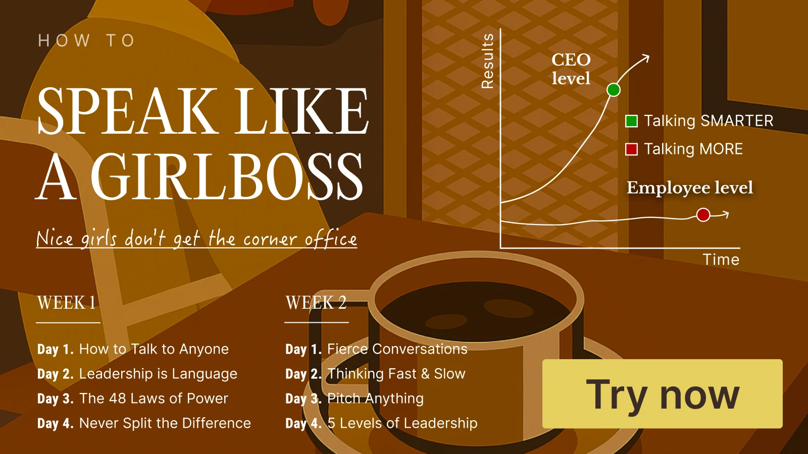 Coffee cup with a girlboss sitting behind it and graphic about ceo