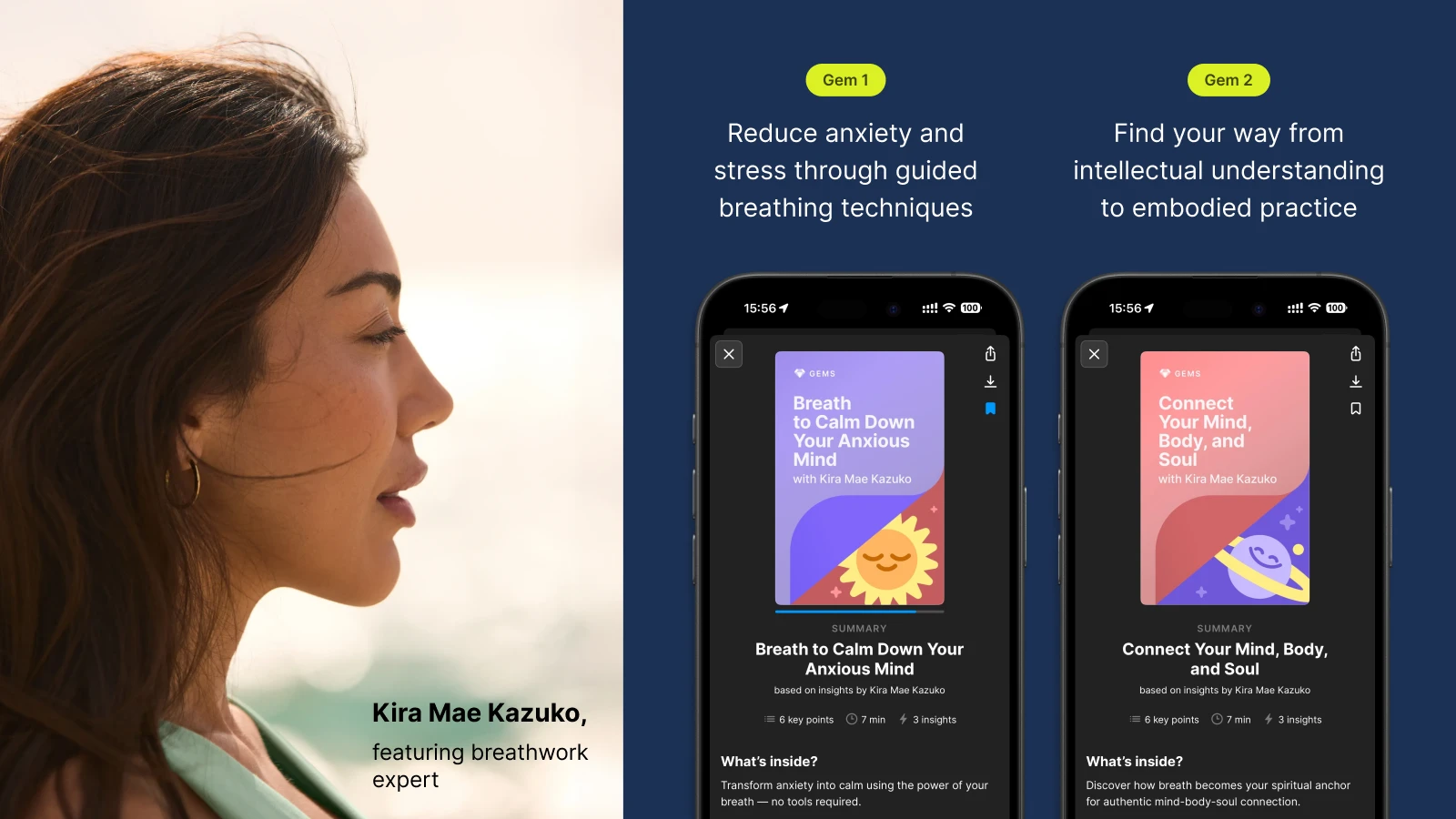 Woman practicing breathwork with closed eyes beside two Headway app screens showing guided breathing and mindfulness sessions on dark background