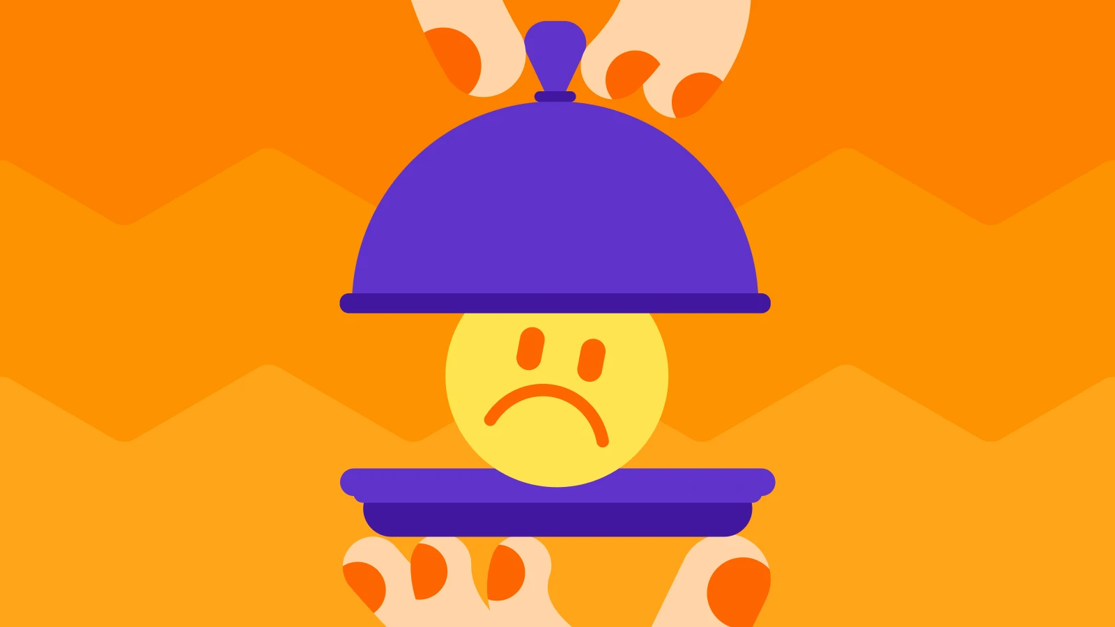 Mental health - Sad face emoji on a serving tray held by hands with red-painted nails