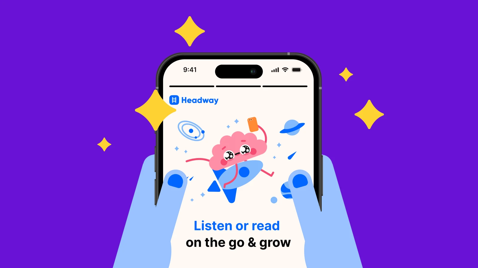Headway app interface on smartphone showing animated characters on purple background with golden stars encouraging mobile learning