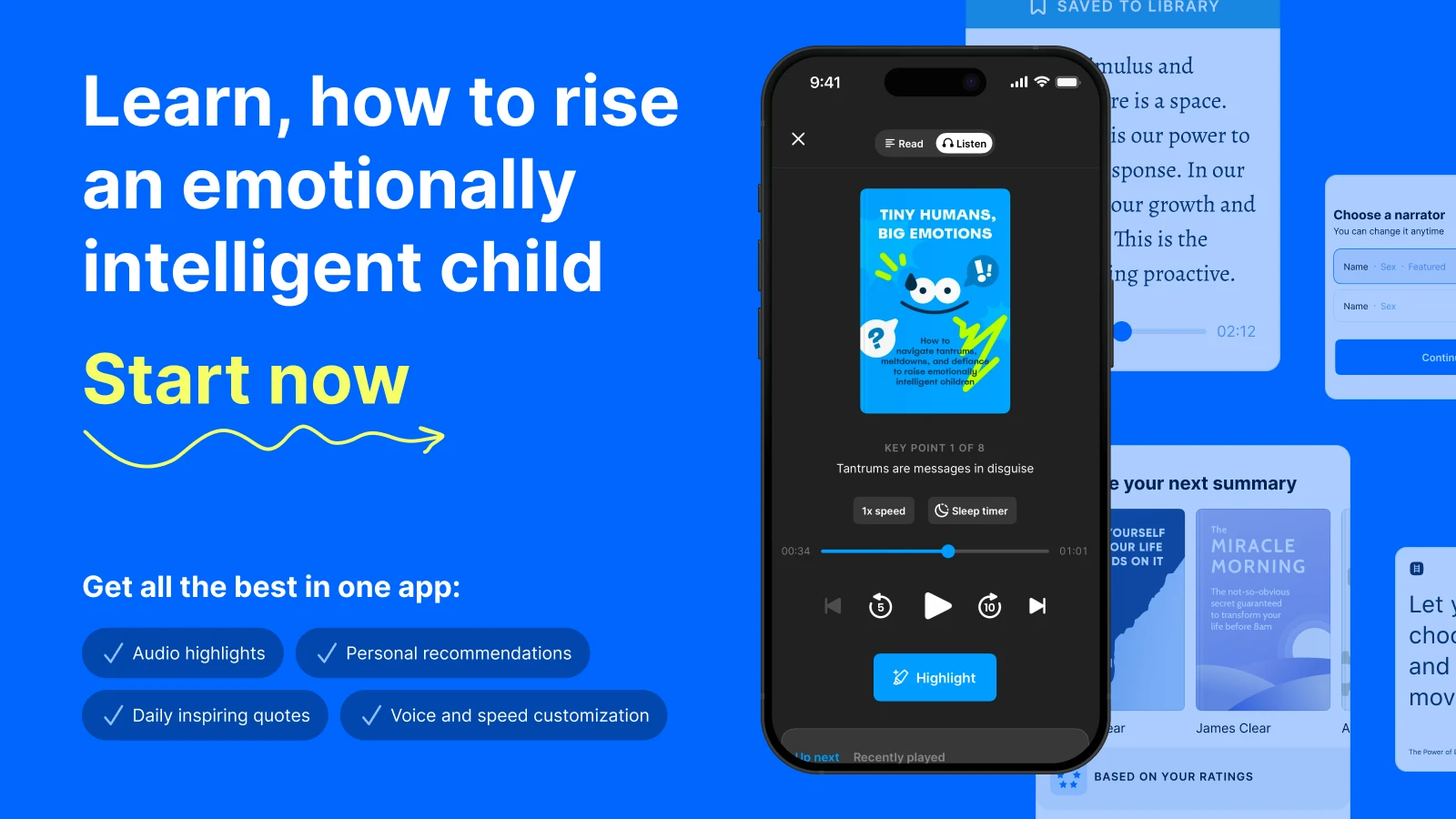 IPhone mockup with a screenshot of tiny humans big emotions book summary and Headway app screenshots