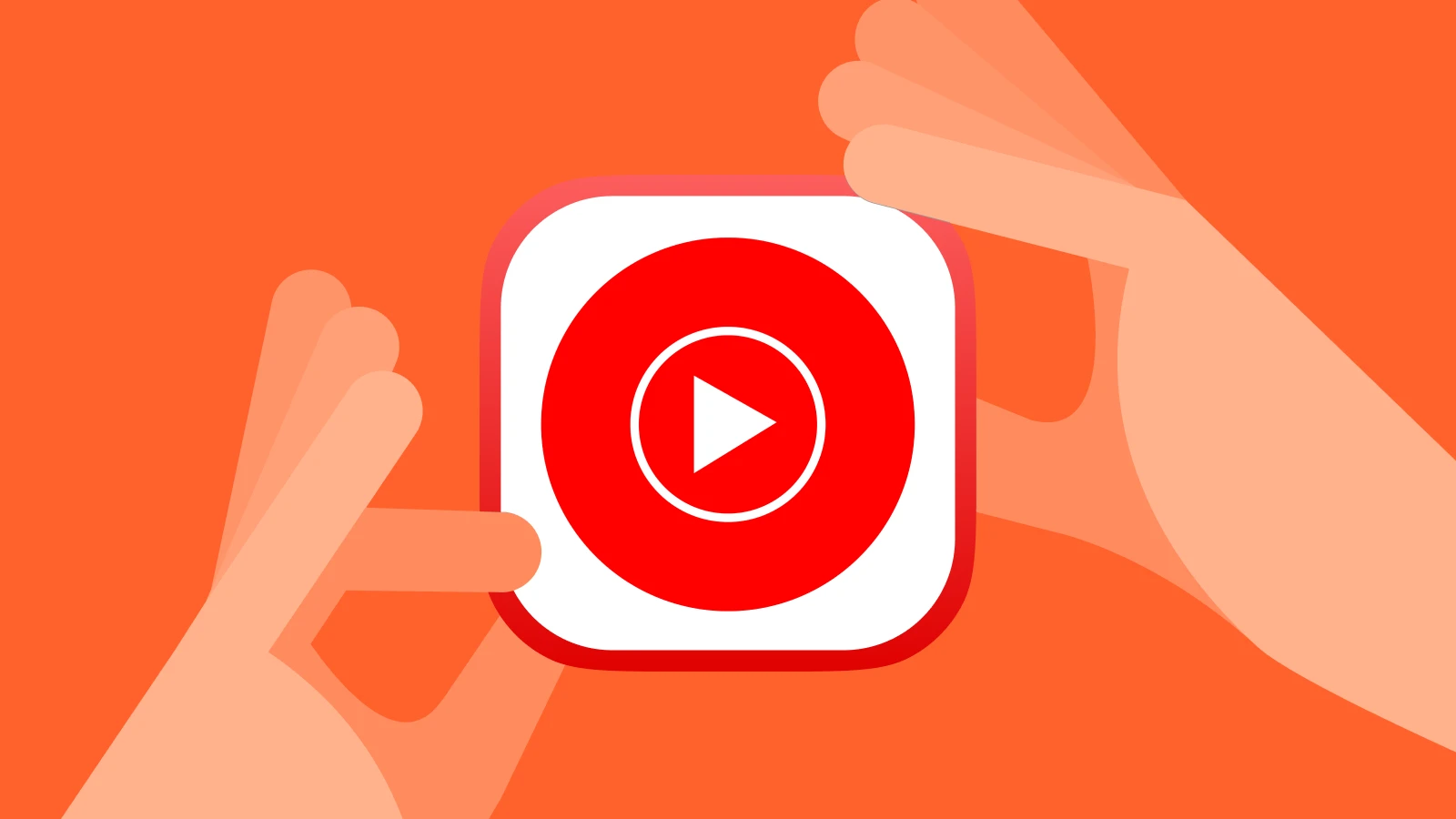 Orange background with two hands holding the YouTube Music app icon, highlighting one of the best podcast apps.webp