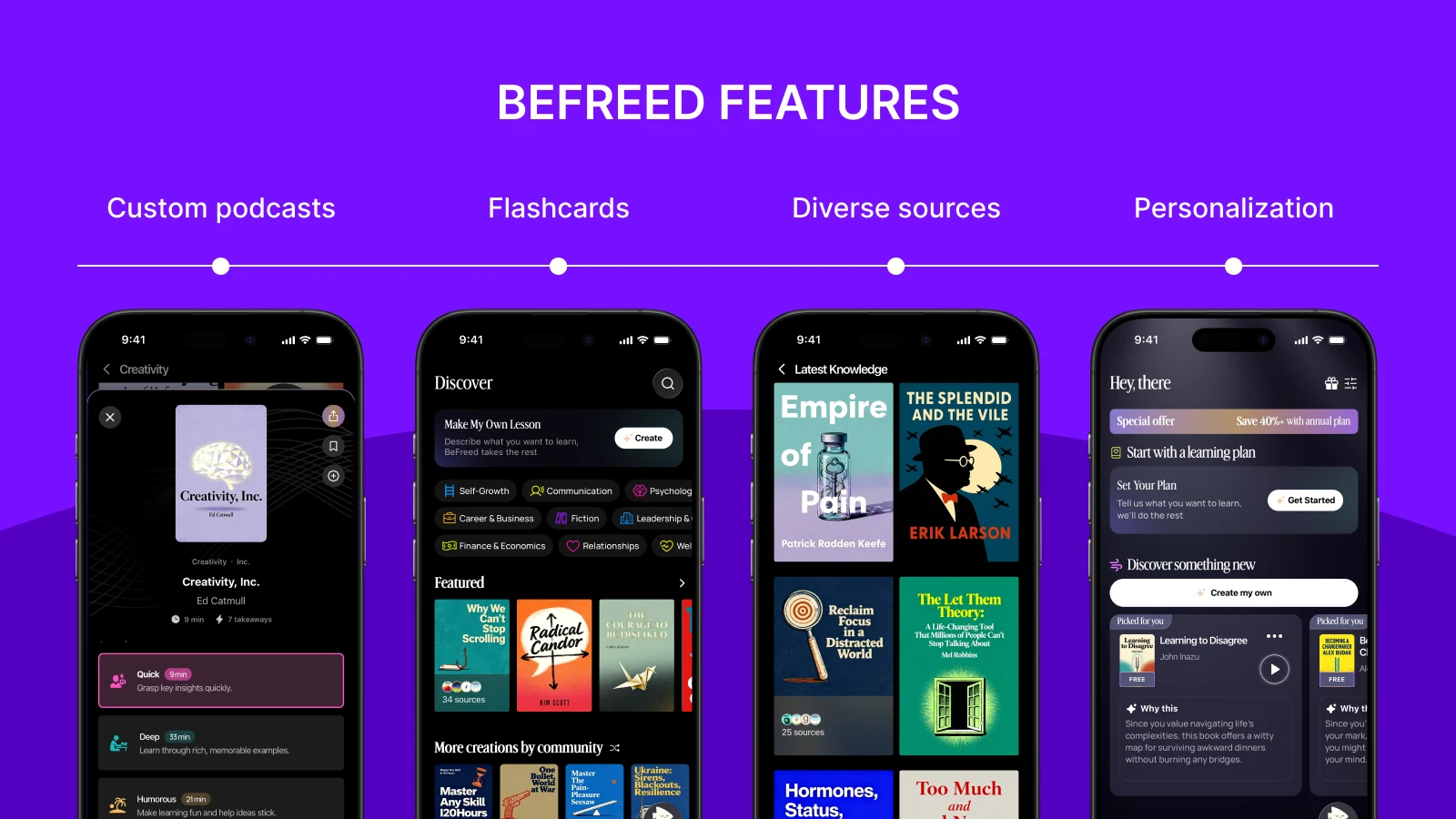 BeFreed features screen showing four smartphone screenshots on purple backgrounds