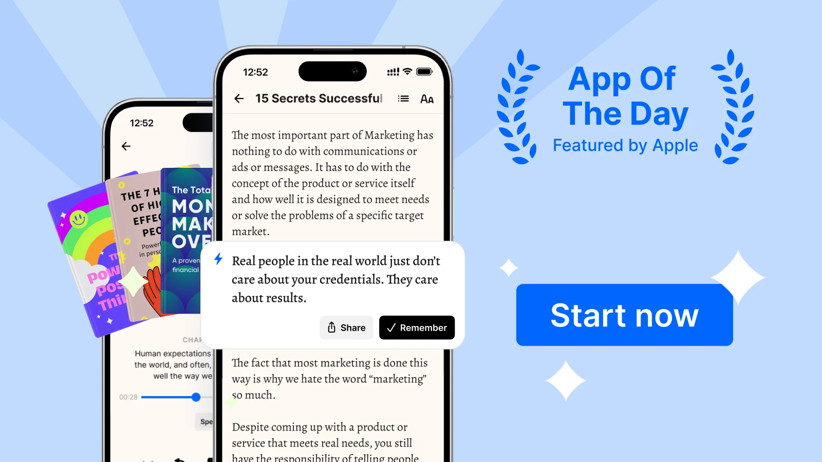 Headway app on smartphone screens with book summaries on a light blue background with start now button