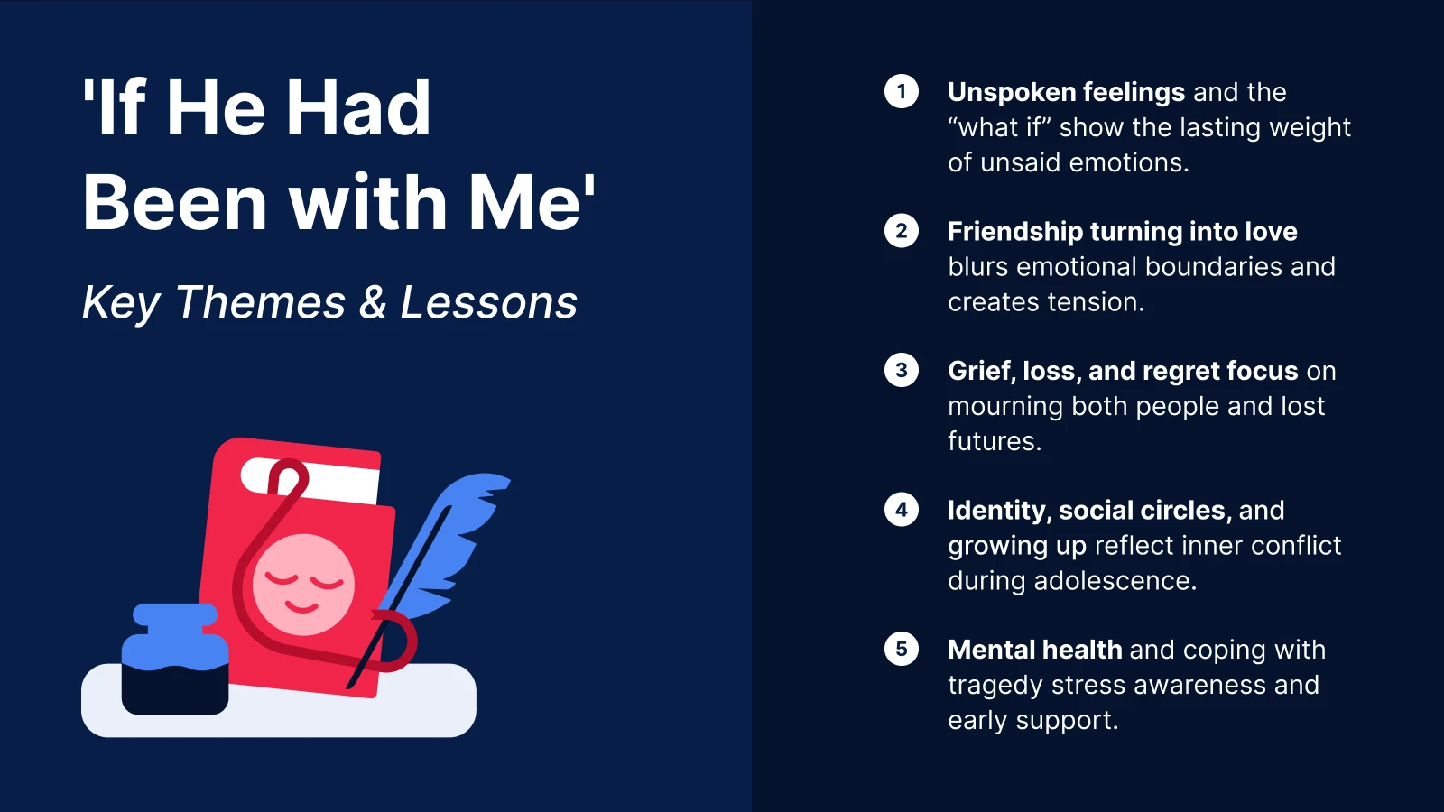 If He Had Been with Me key themes illustration with pink journal and blue feather representing self-discovery on dark blue background