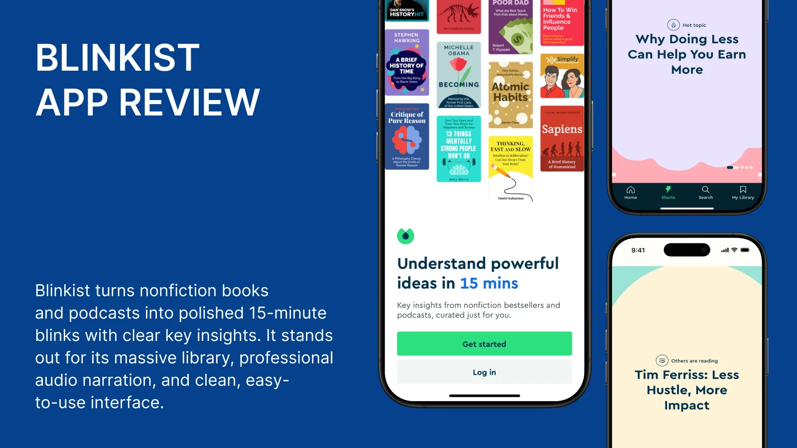 Blinkist app review on blue background featuring smartphone screens with nonfiction book blinks, a microlearning growth tool for professionals