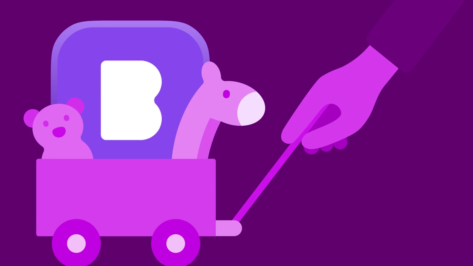 A purple cart carrying toys and a _Bubble_ app icon, with a hand pushing it, showcasing a parenting app, set against a purple background