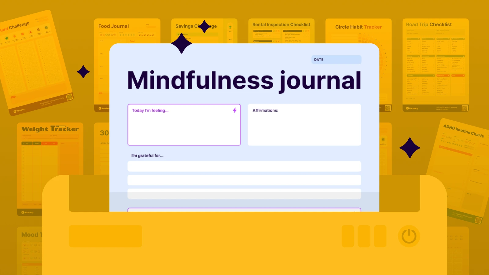 A mindfulness journal printable template in the folder with papers on the background