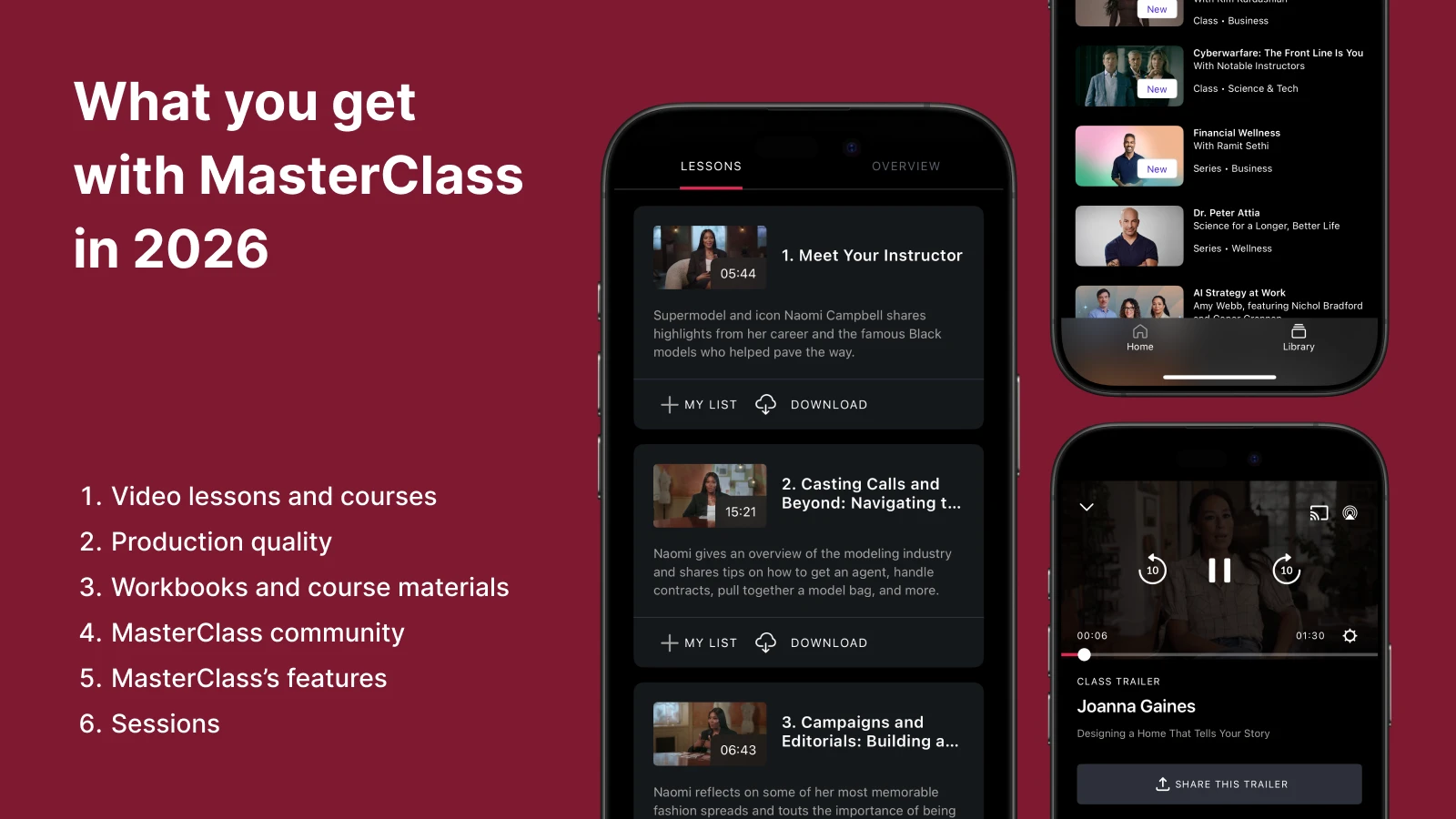 MasterClass app interface on smartphone showing video lessons and course library for learners on burgundy background