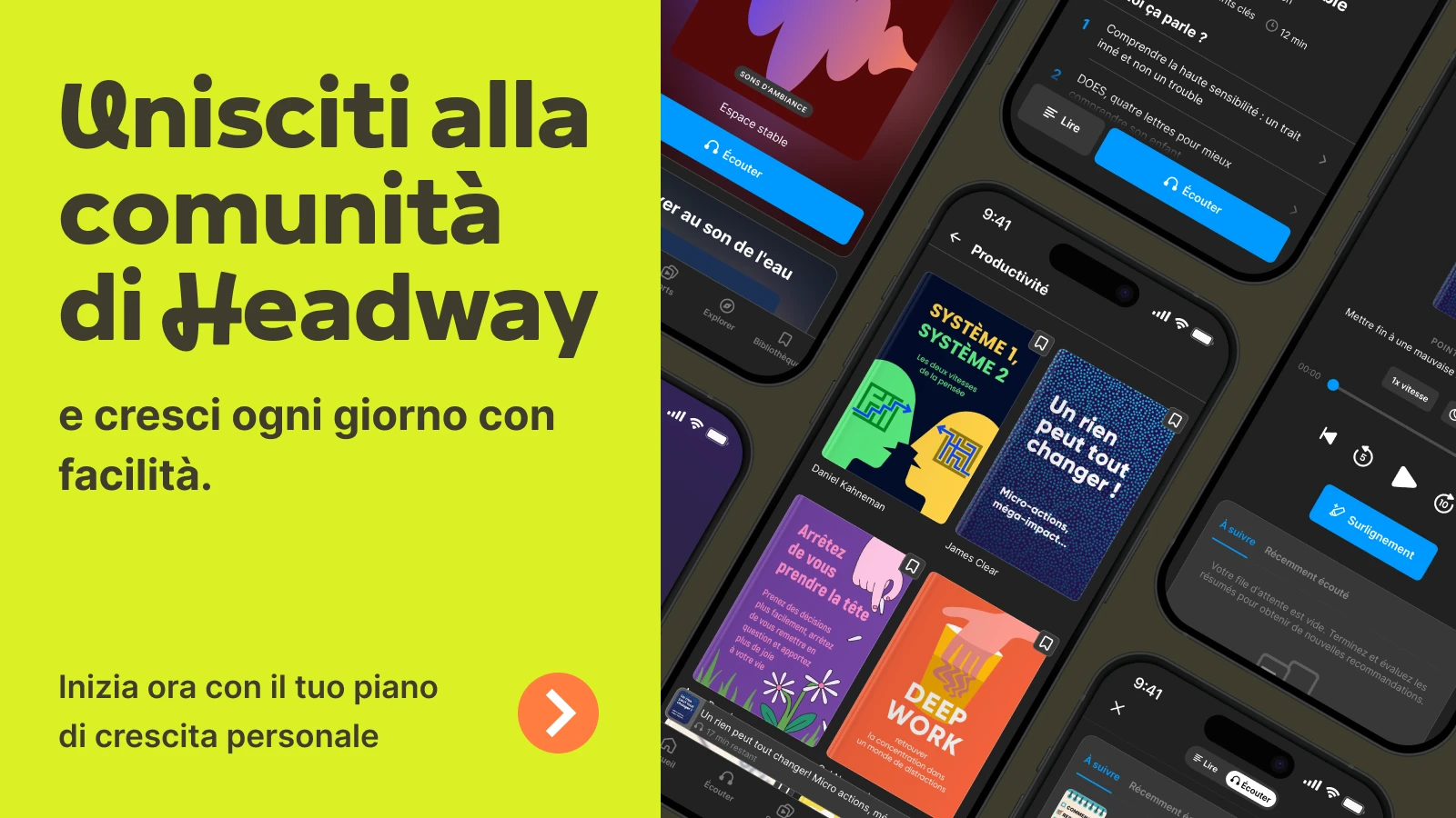 Sur les smartphones à thème sombre, l'application Headway affiche une sélection de résumés de livres sur le leadership, dont « The Unfair Advantage » et « Wolfpack », ainsi qu'un encart jaune invitant