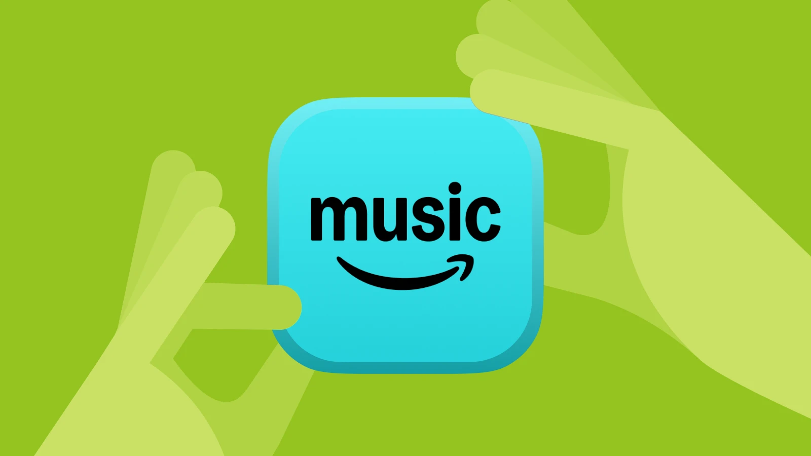 Green background with two hands holding the Amazon Music app icon, showing its role as a growing podcast app