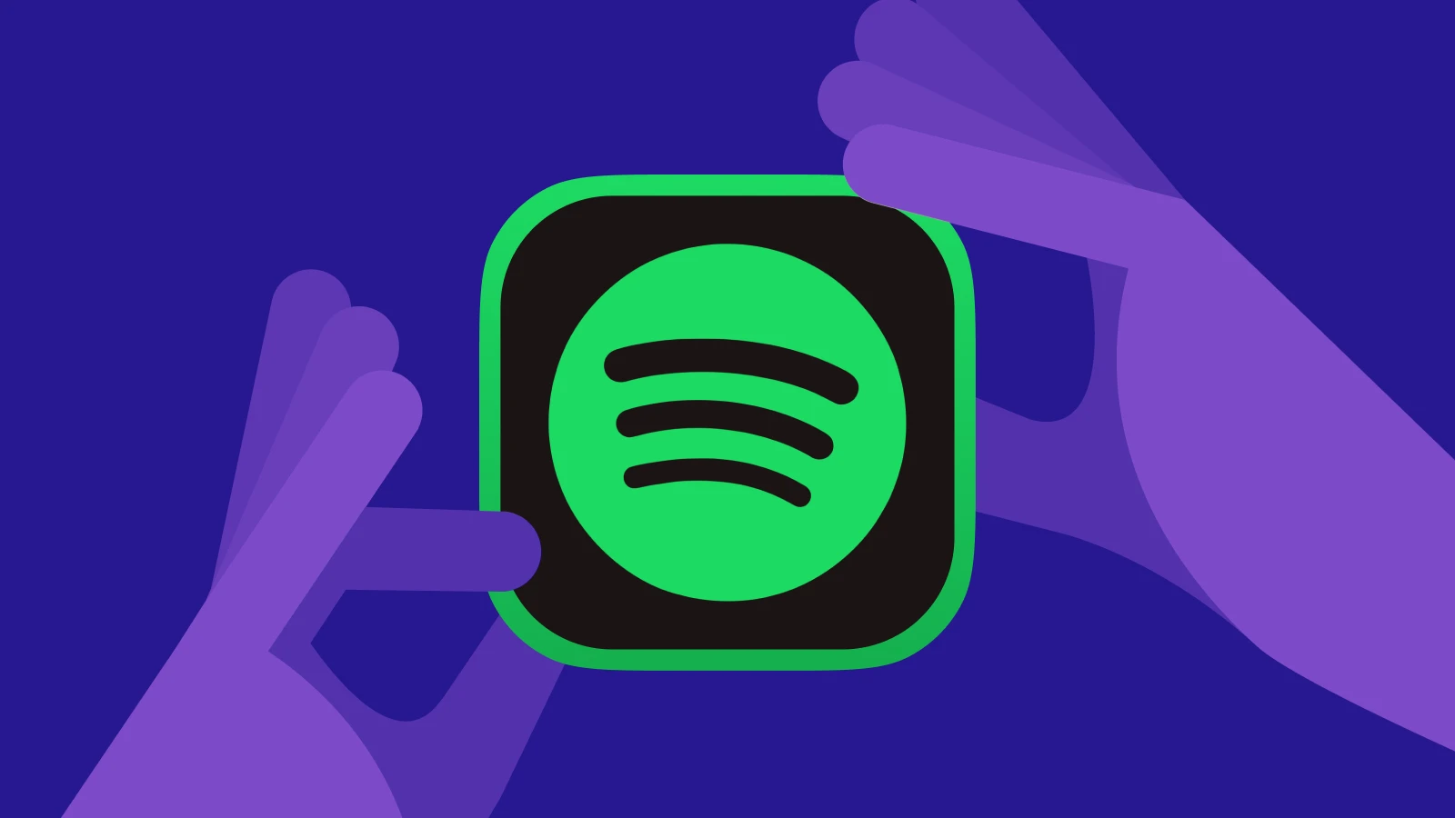 Purple background with two hands holding the Spotify app icon, a leading podcast app for streaming shows and music