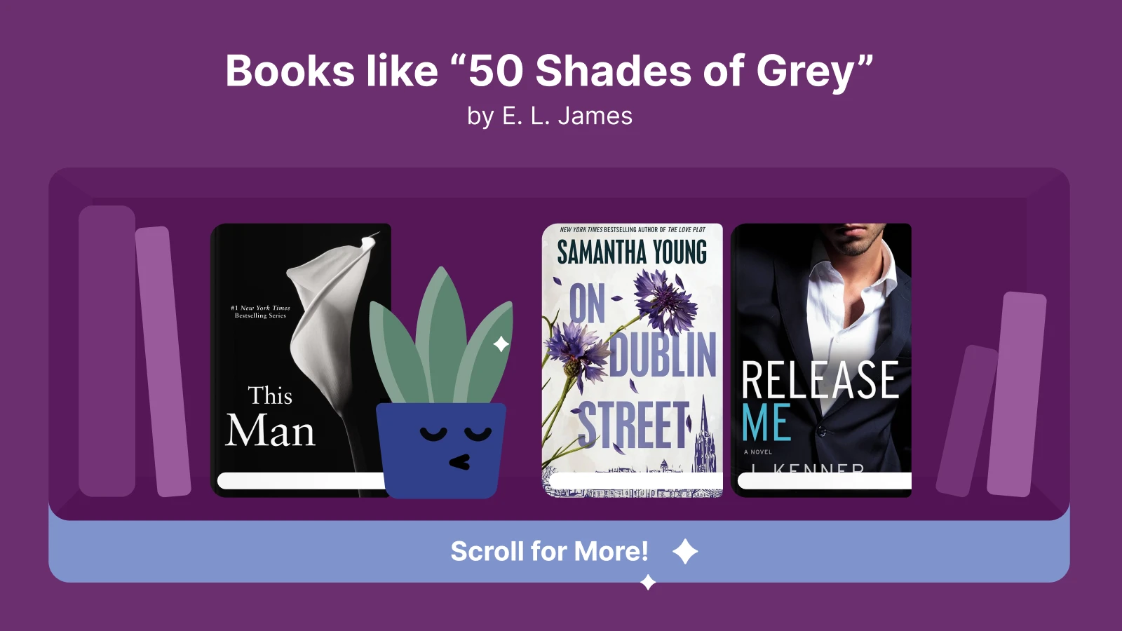 books like 50 shades of grey featuring this man by jodi ellen malpas on dublin street by samantha young and release me by j kenner displayed on a bookshelf