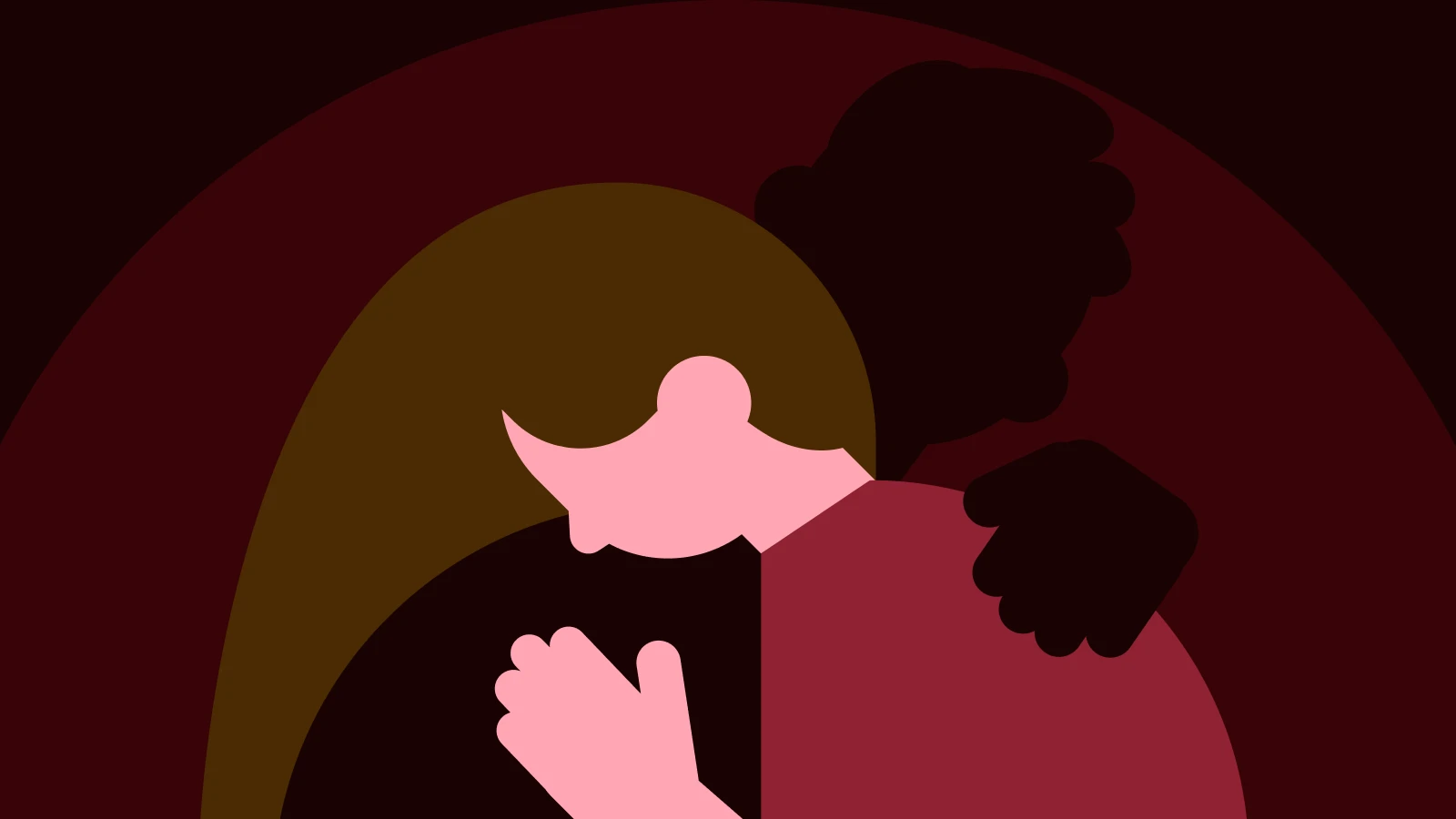 Emotional embrace scene from If Only I Had Told Her with two figures in pink and maroon tones against burgundy background