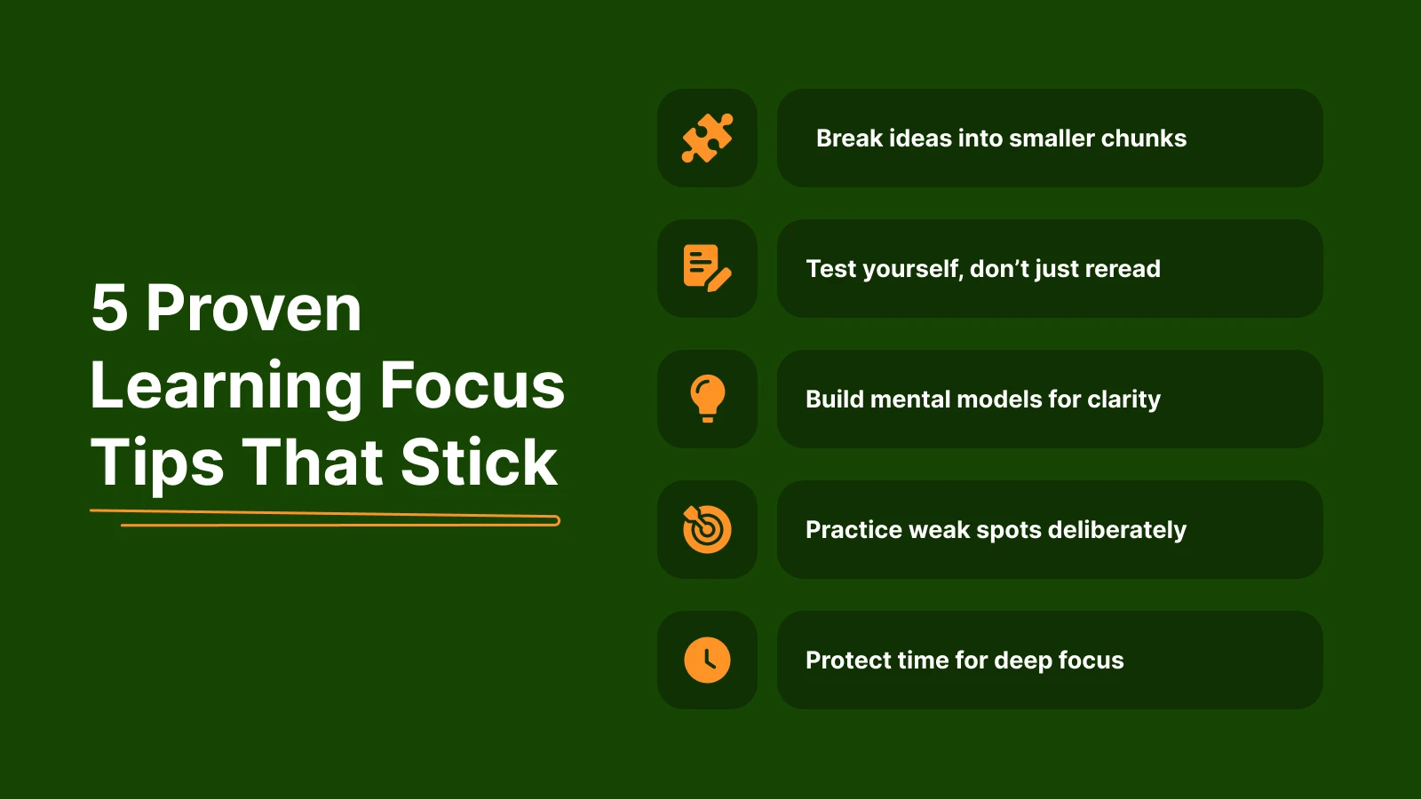 Five proven tips on learning with focus strategies shown through colorful icons on dark green background