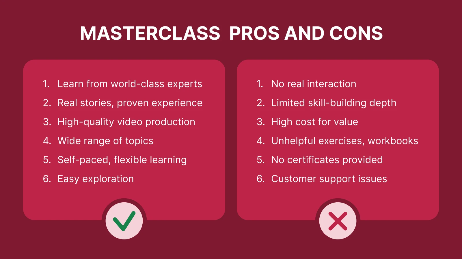 MasterClass review pros and cons comparison with green checkmark and red X on red background showing worth it analysis