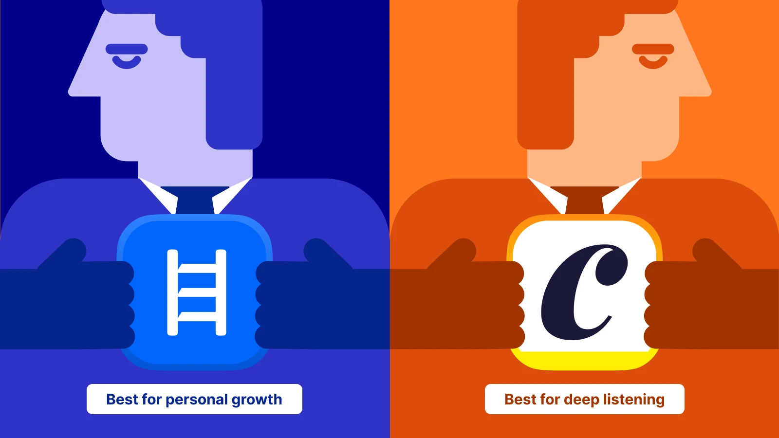 Comparison of Chirp audiobooks mascots for personal growth and deep listening on blue and orange split backgrounds