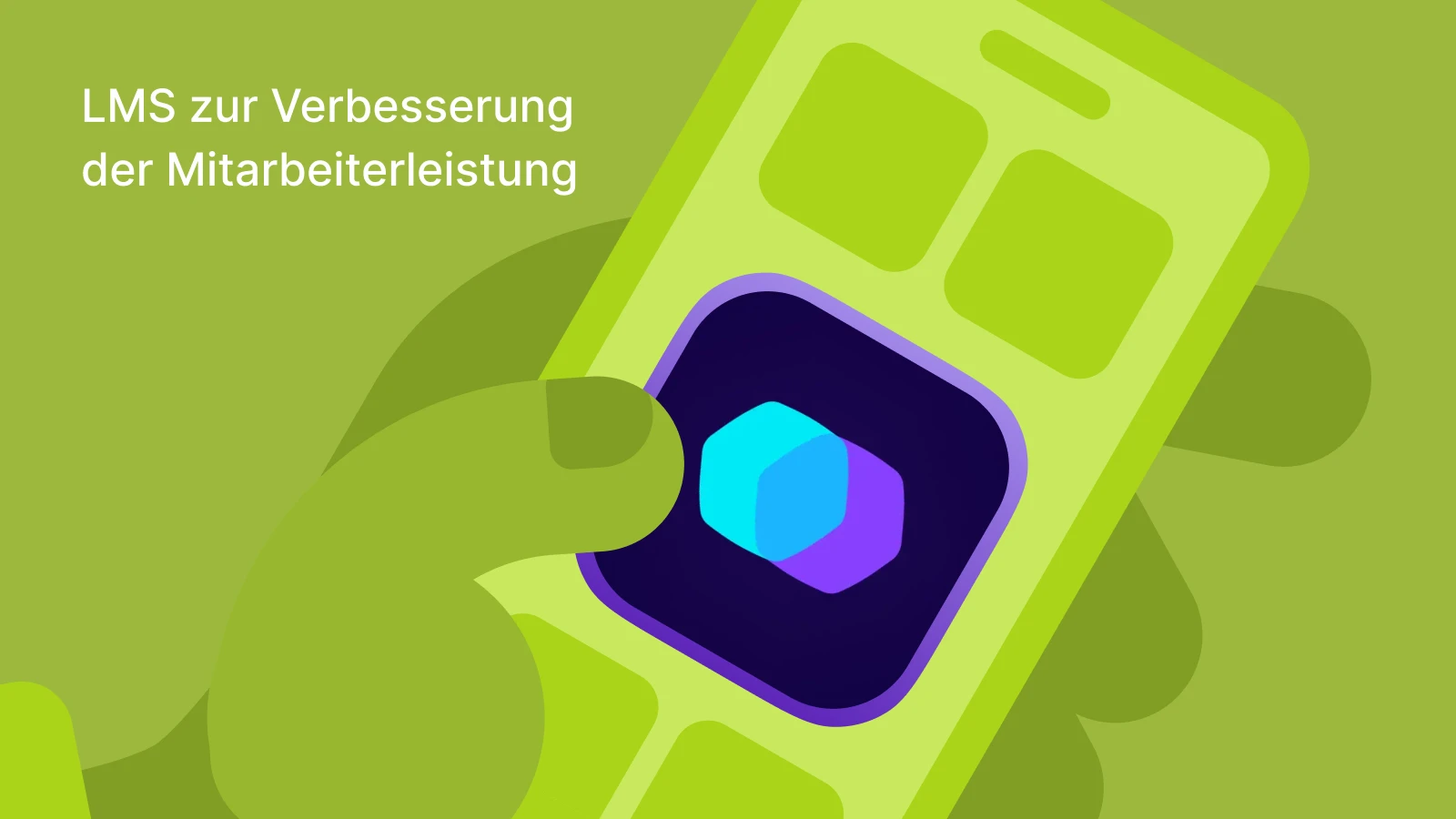 Ein geneigtes Smartphone zeigt die TalentCards-App mit einem türkisfarbenen Sechseck-Symbol auf hellgrünem Farbverlauf für die Mitarbeiterleistungsbewertung im LMS