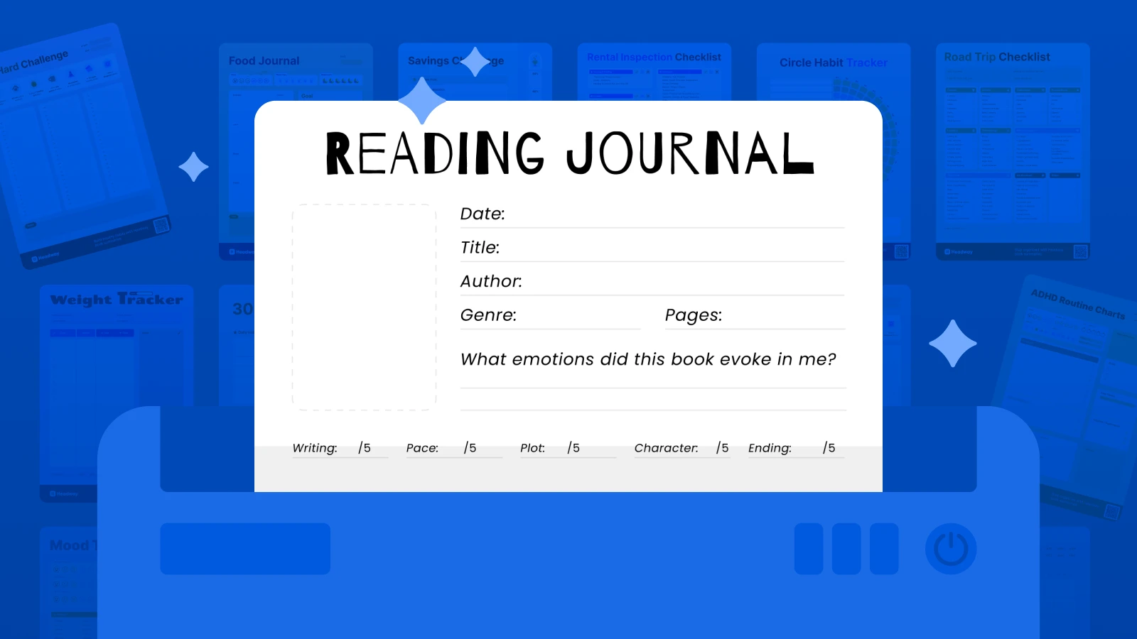 Reading journal printable template in the folder with papers on the background
