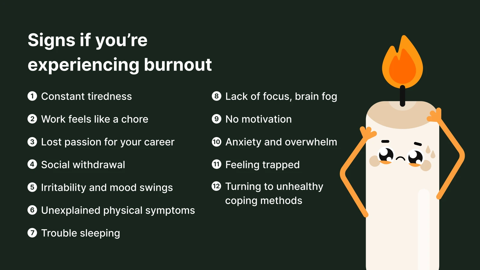 Burnout signs checklist with illustrated figure showing flame on head against dark background 1x