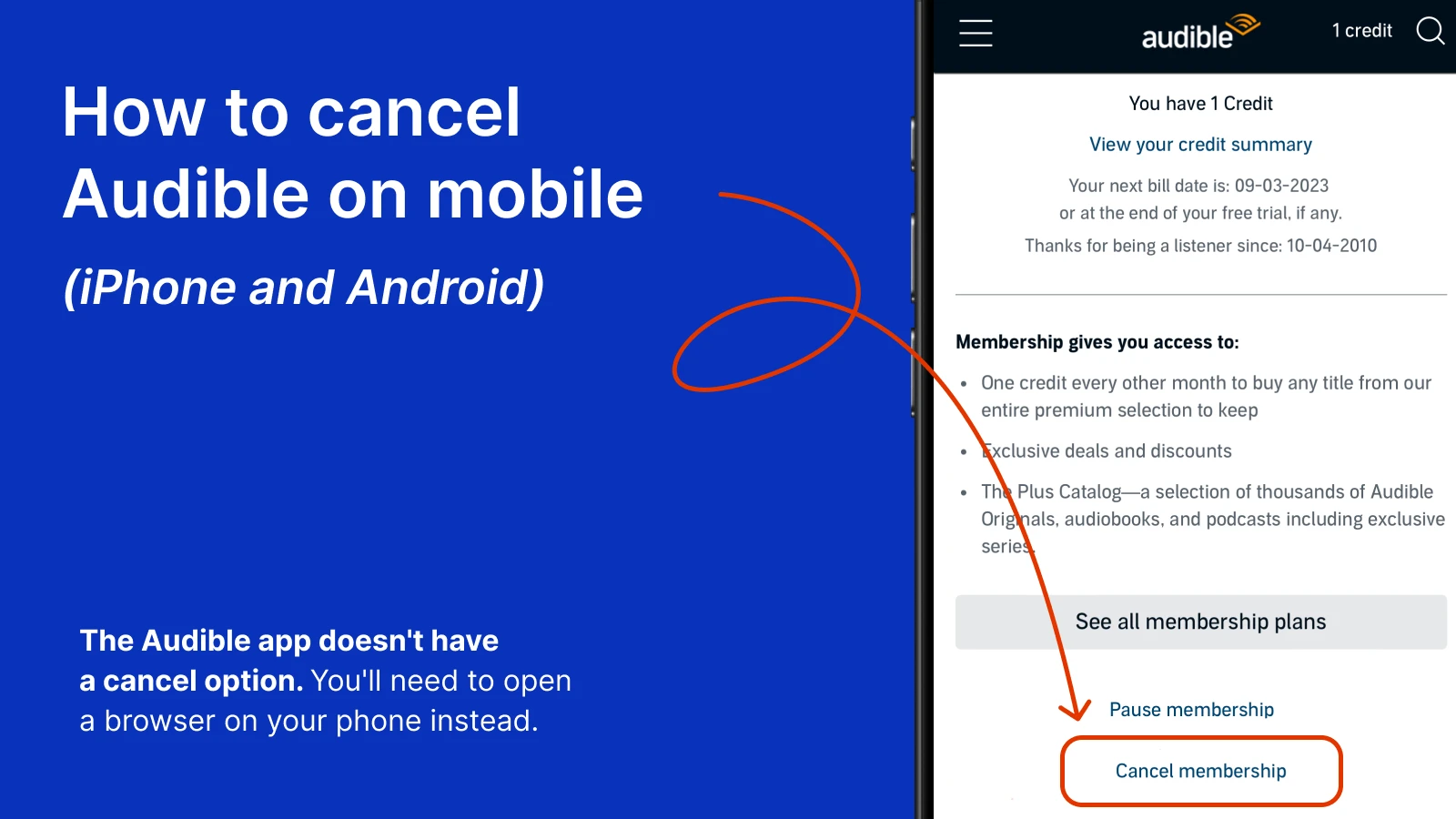 Mobile phone displaying Audible app cancellation options with red arrow on blue background for iPhone and Android