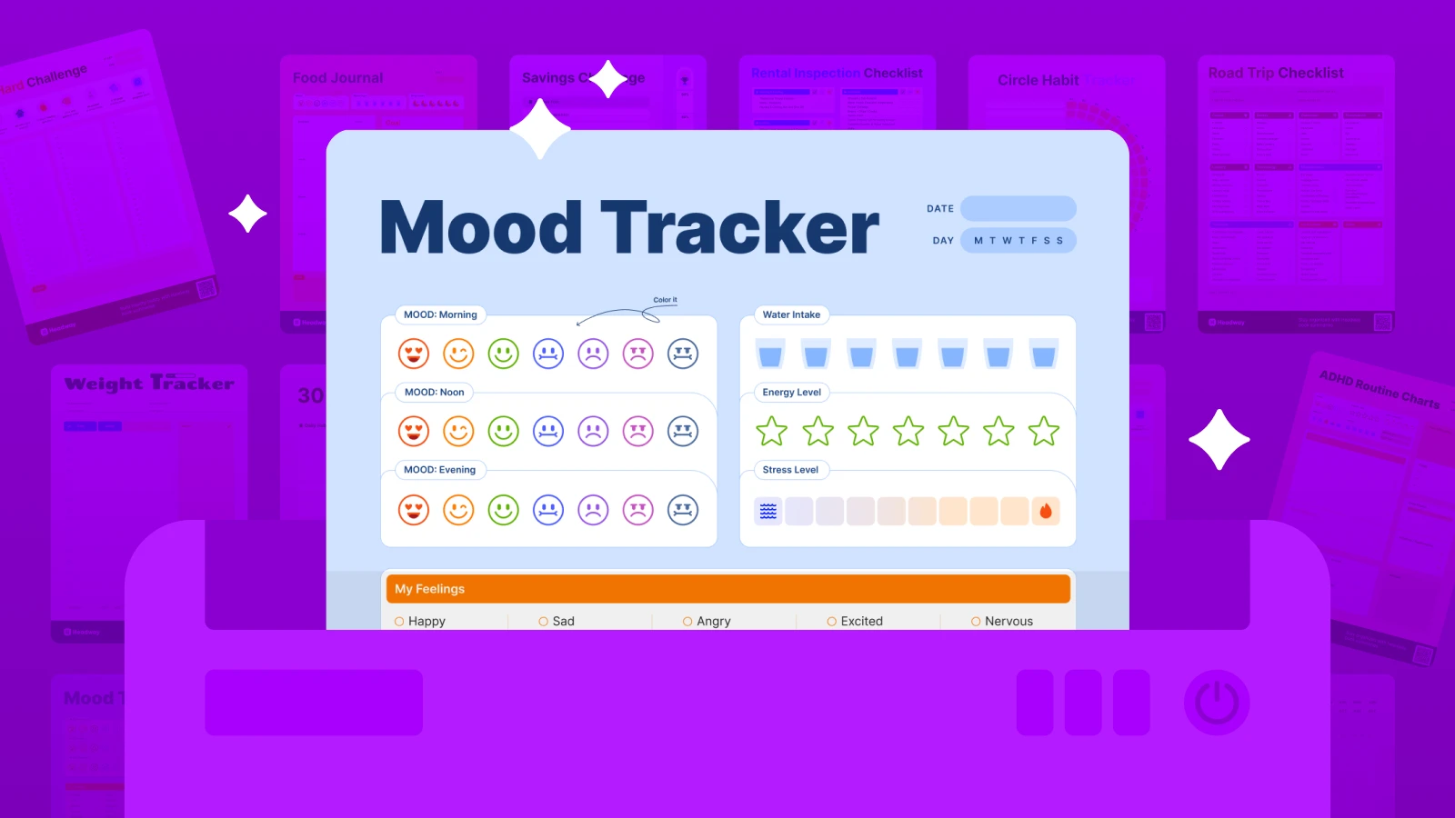 Mood tracker printable template in the folder with papers on the background