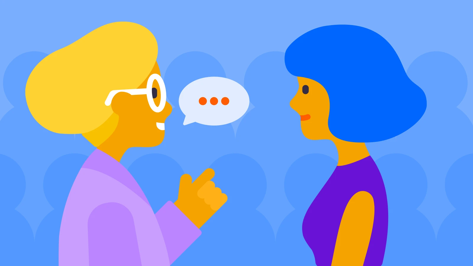 Two characters having a conversation, one with blonde hair and glasses, the other with blue hair, both smiling, with speech bubbles between them 1x