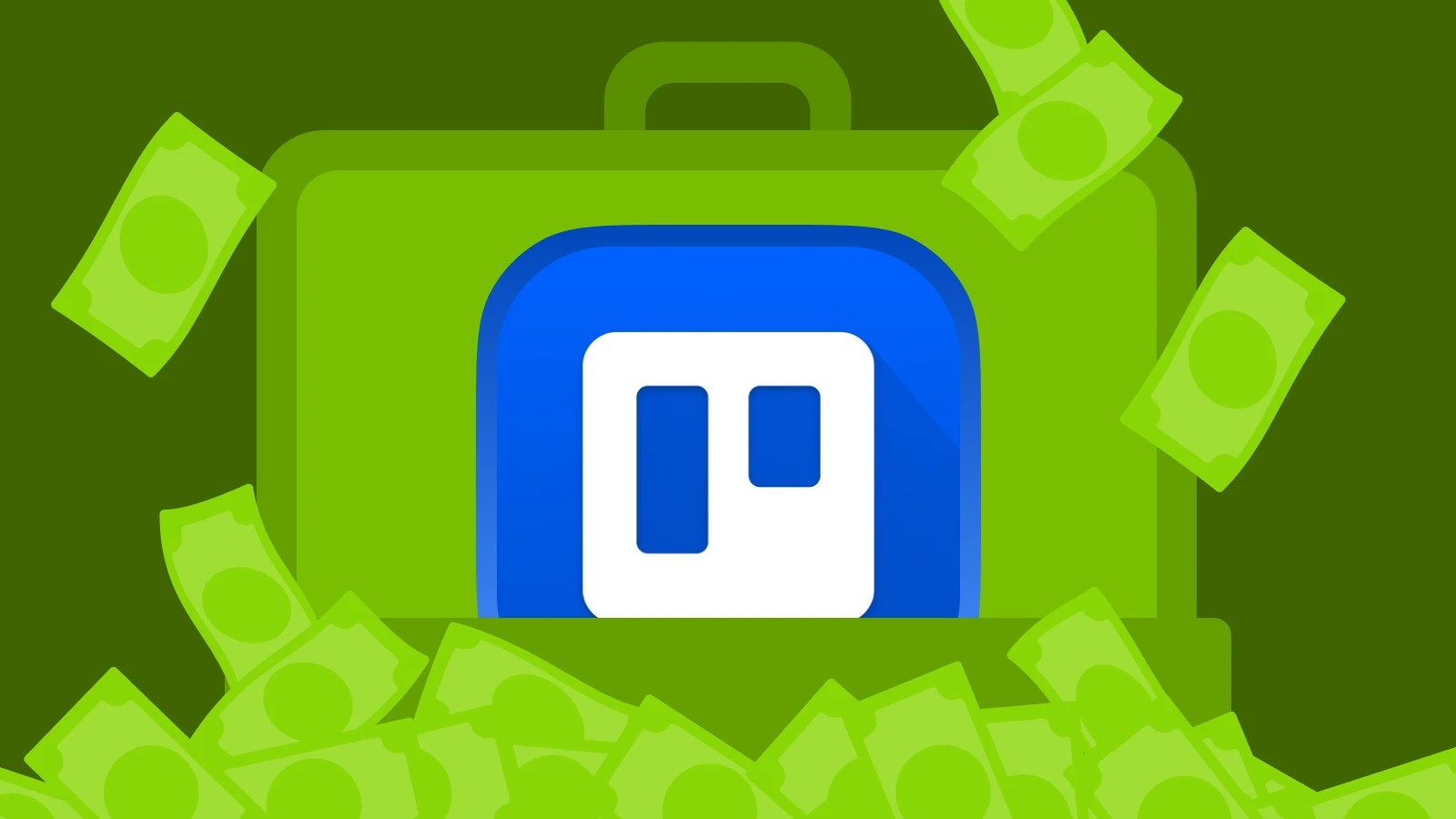 A suitcase with the Trello app logo surrounded by money, symbolizing productivity for entrepreneurs