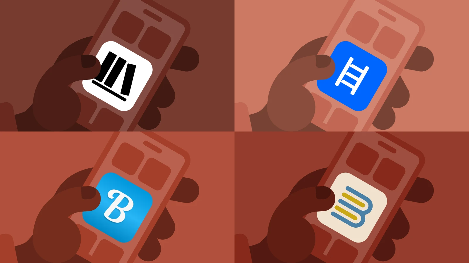 Four hands holding smartphones displaying book tracking app icons — StoryGraph, Literal, Bookly, and Serif — on a dark red background for apps review