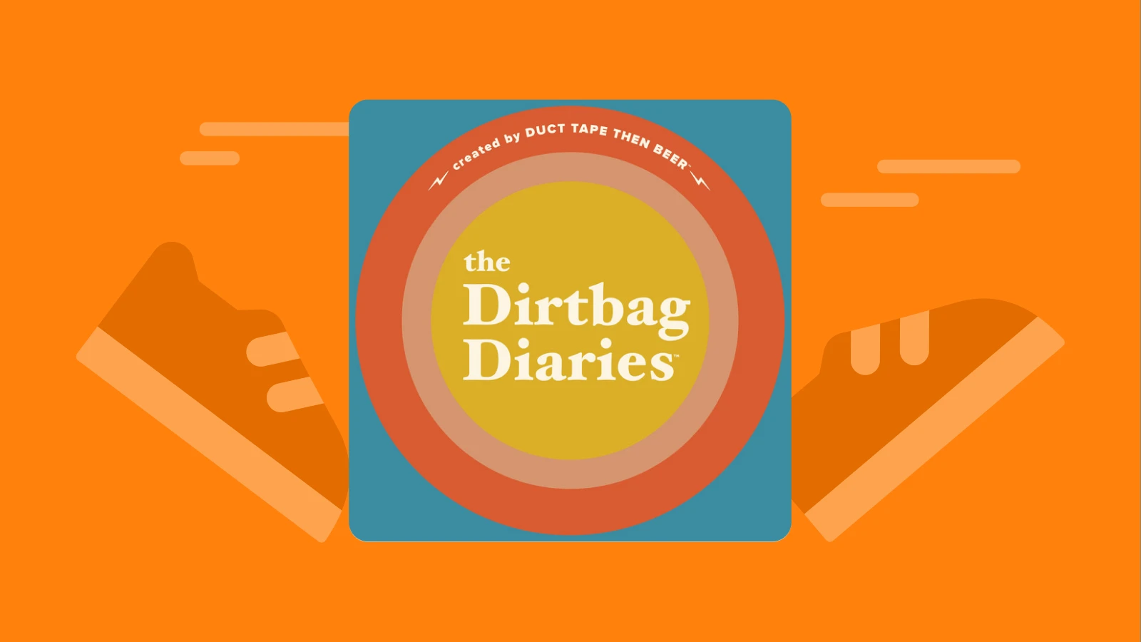 Circular orange and yellow design for “The Dirtbag Diaries” podcast, part of best outdoor podcasts with snickers on the move
