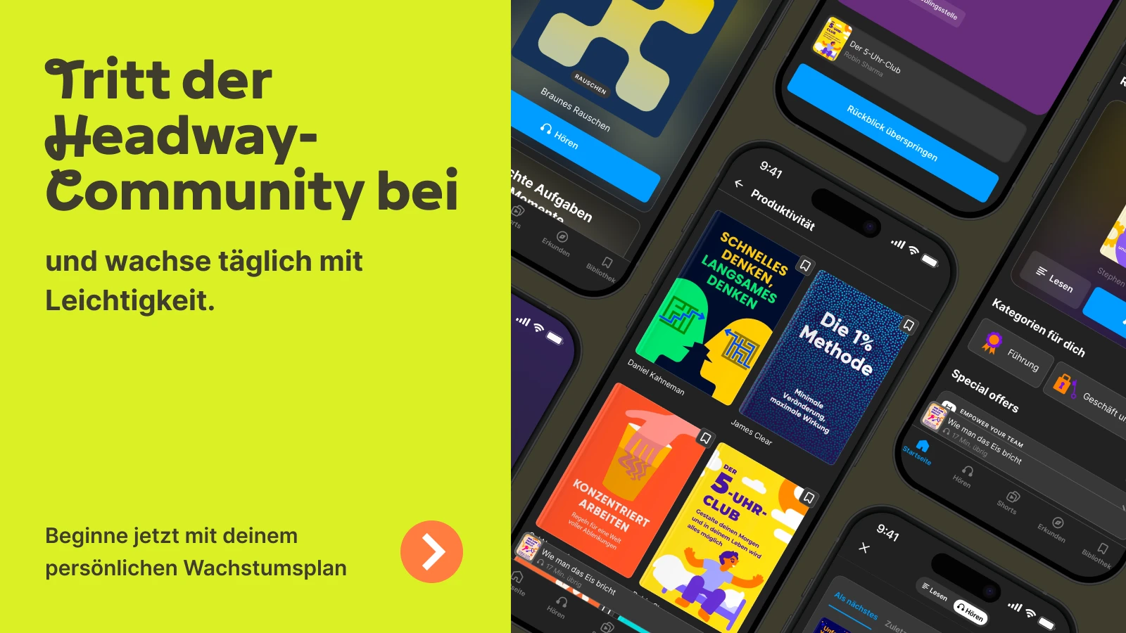 Die Headway-App zeigt auf Smartphones mit dunklem Design eine Sammlung von Zusammenfassungen von Führungsbüchern, darunter „The Unfair Advantage“ und „Wolfpack“, sowie einen gelben Call-to-Action-Bere
