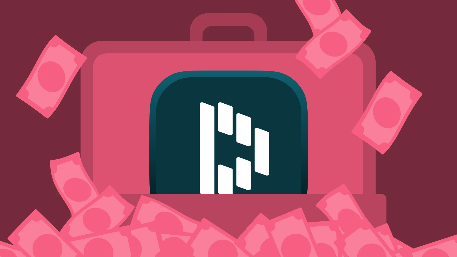 A suitcase with the Dashlane app logo surrounded by money, symbolizing secure business management