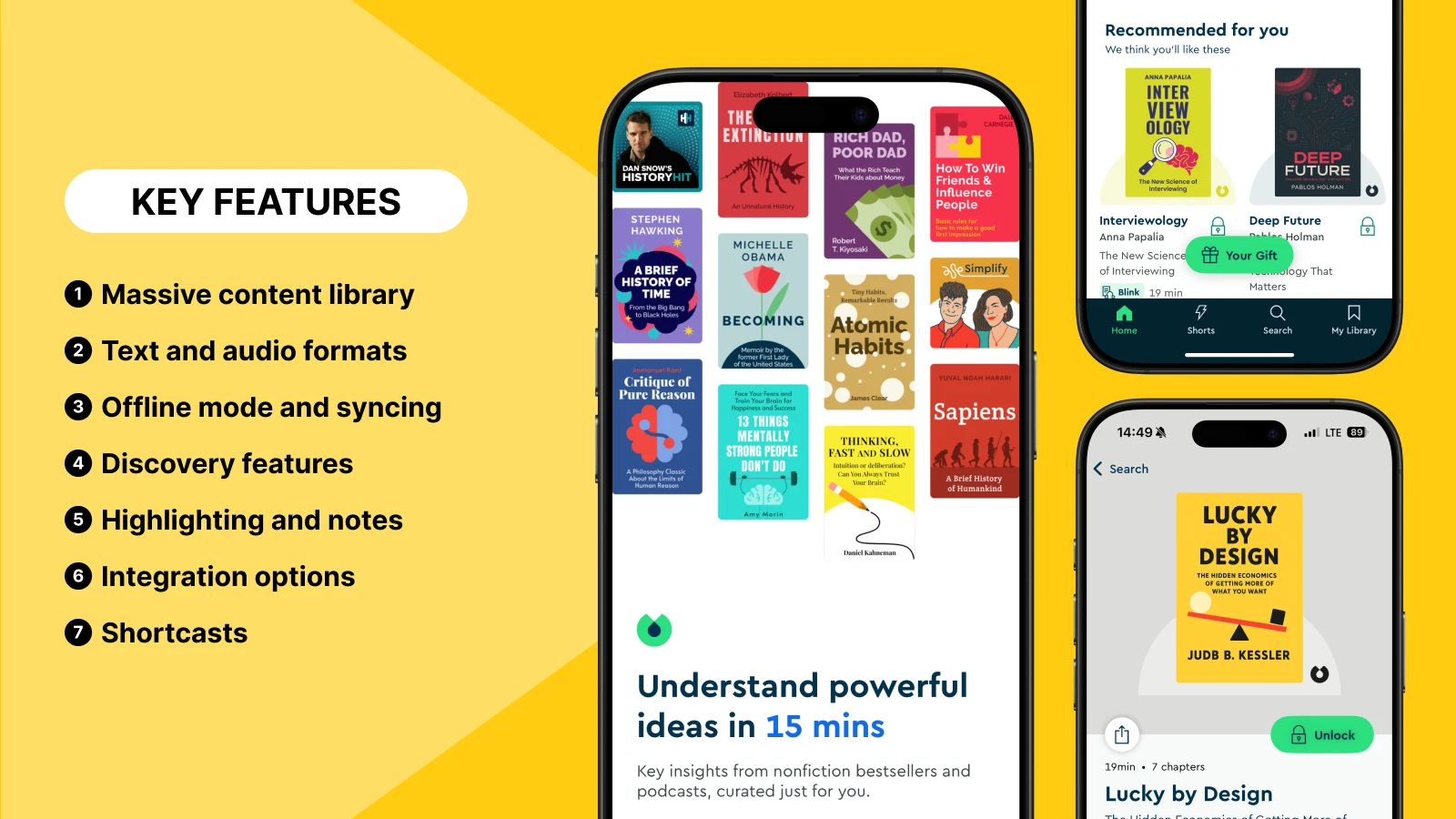 Blinkist app features showcase on yellow background displaying smartphone with colorful book covers library and key features list including offline mode