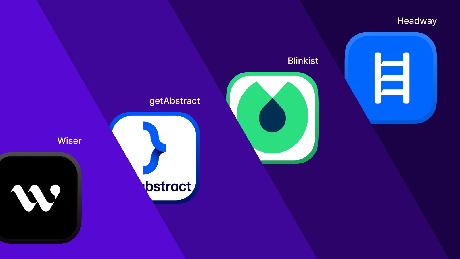 Wiser, getAbstract, Blinkist, and Headway app icons arranged on purple gradient background showing book summary platforms