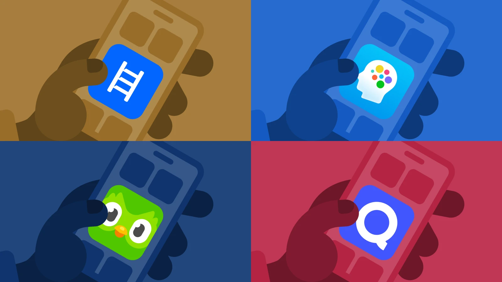 Four hands holding smartphones displaying best microlearning apps including Headway, Duolingo, and flashcards for learners on colorful backgrounds