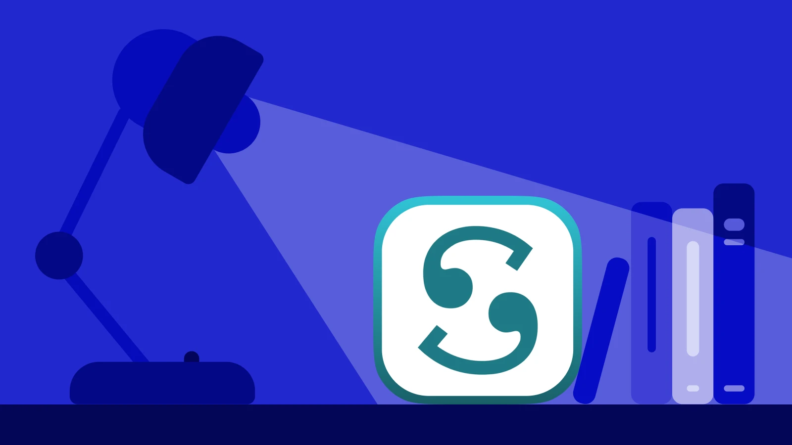 Scribd app icon with teal S logo on blue background featuring desk lamp and bookshelf for book apps 1x