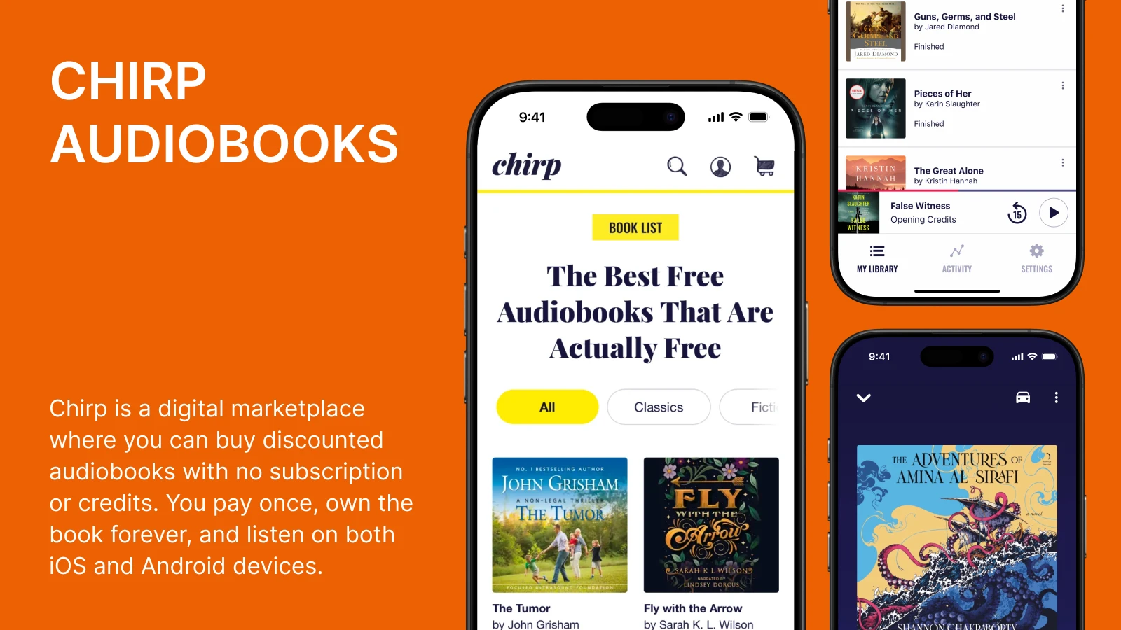 Chirp digital marketplace for discounted audiobooks displayed on smartphone screen with orange background