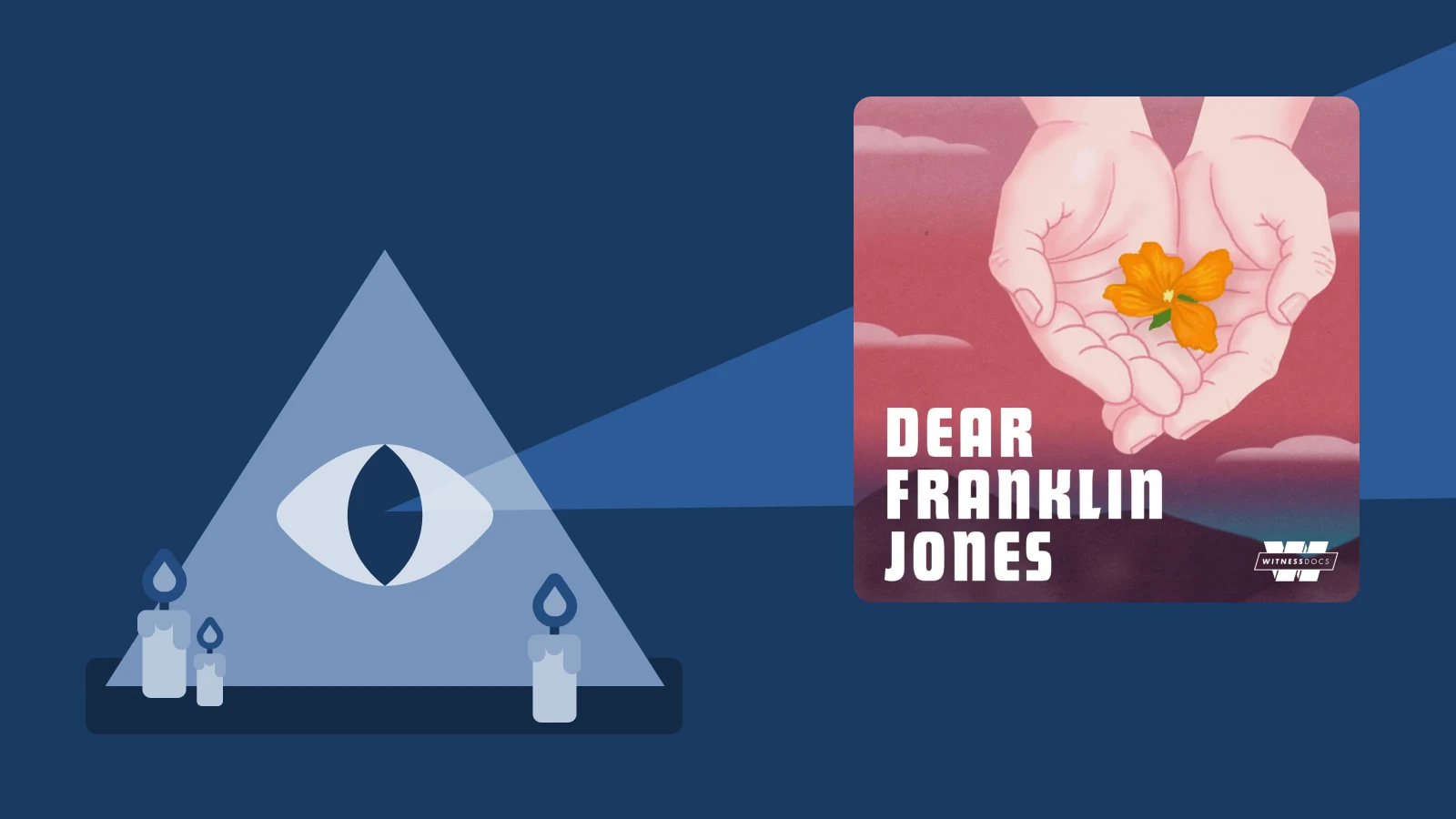 Blue background with triangle eye symbol and Dear Franklin Jones podcast cover, exploring life under a cult leader