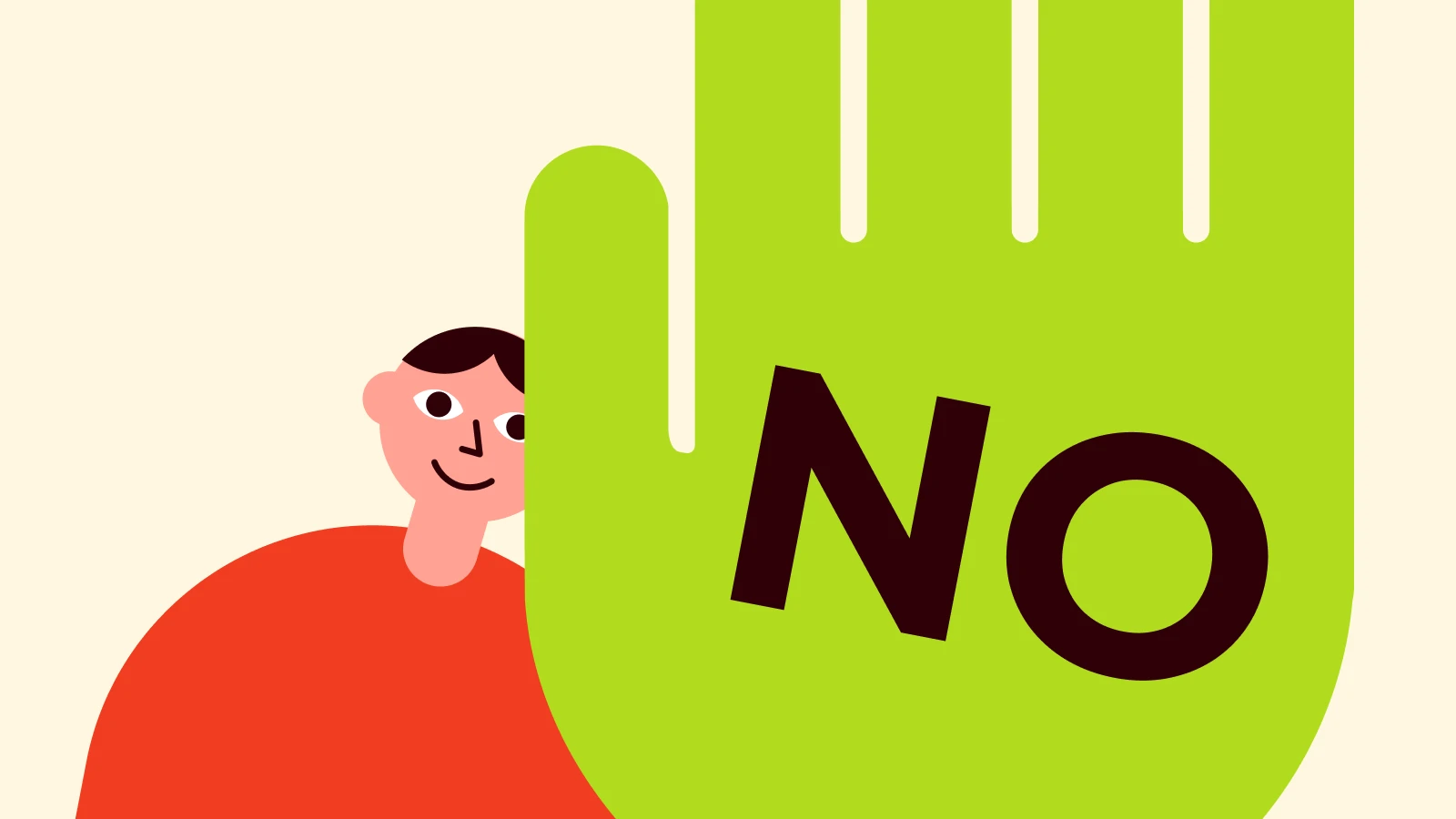 Mano verde gigante con la palabra NO y persona en rojo ilustrando ley del poder sobre no comprometerse con nadie